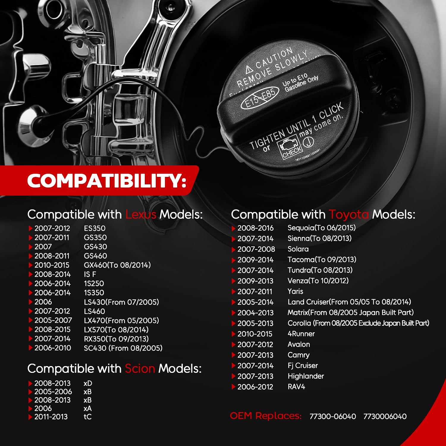 Gas Cap Fuel Cap 77300-06040 for Toyota 4Runner Avalon Camry Corolla Fj Cruiser Highlander Land Cruiser Matrix Sequoia Sienna Tacoma Tundra Venza Lexus ES350 GS460 LX570 RX350 SC430 Scion xD xB xA tC