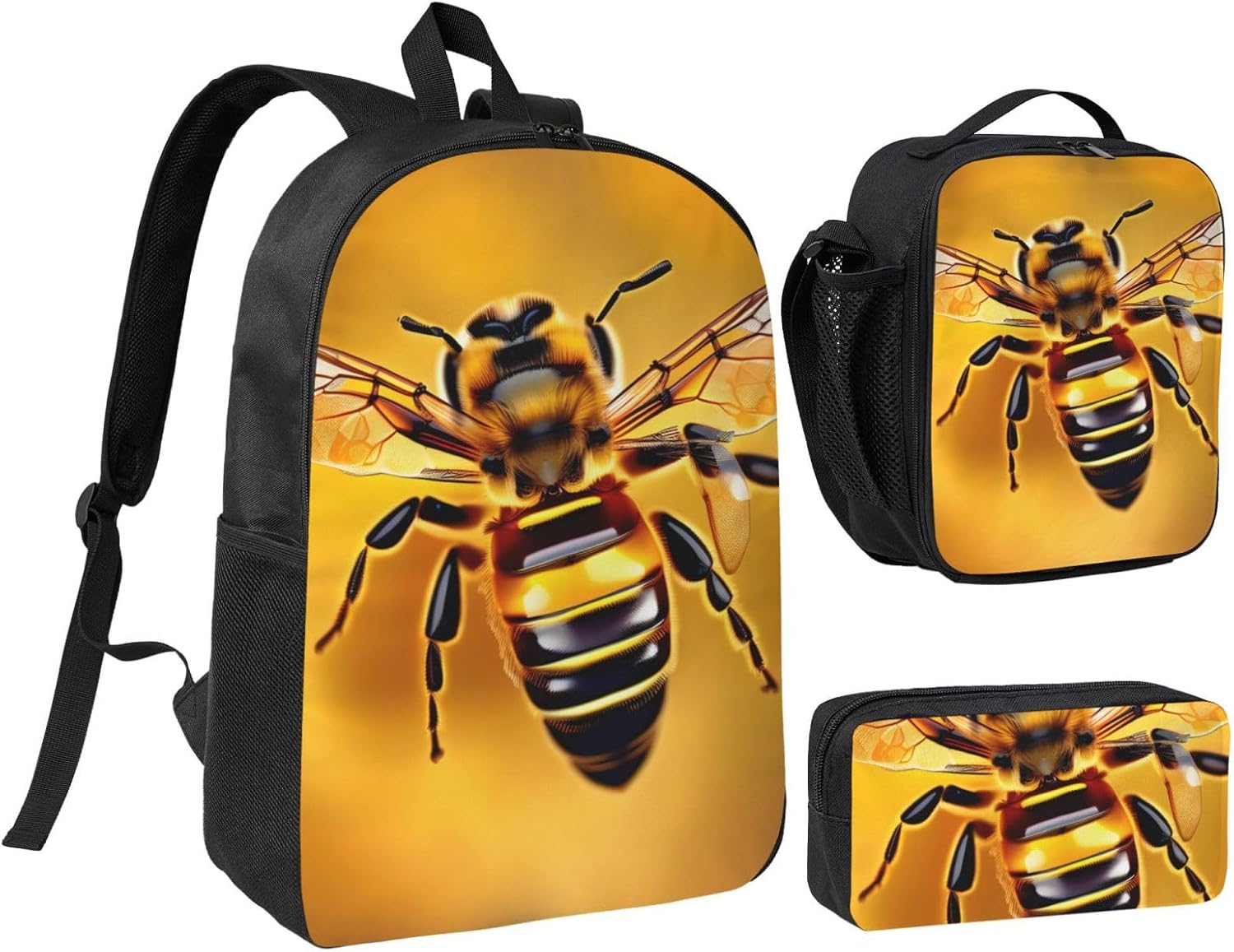 Bee flying print 3 Piece Backpack Bags with Lunch Box Pencil Case Set for Travel Work Camping Unisex