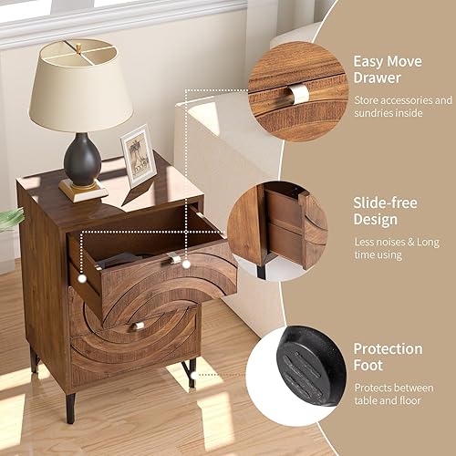 Miniatura 5 de SUNBURY Cómoda con 3 cajones, cómoda de mediados de siglo con patrón de círculos concéntricos, cómoda con cajones de almacenamiento, mesita de noche