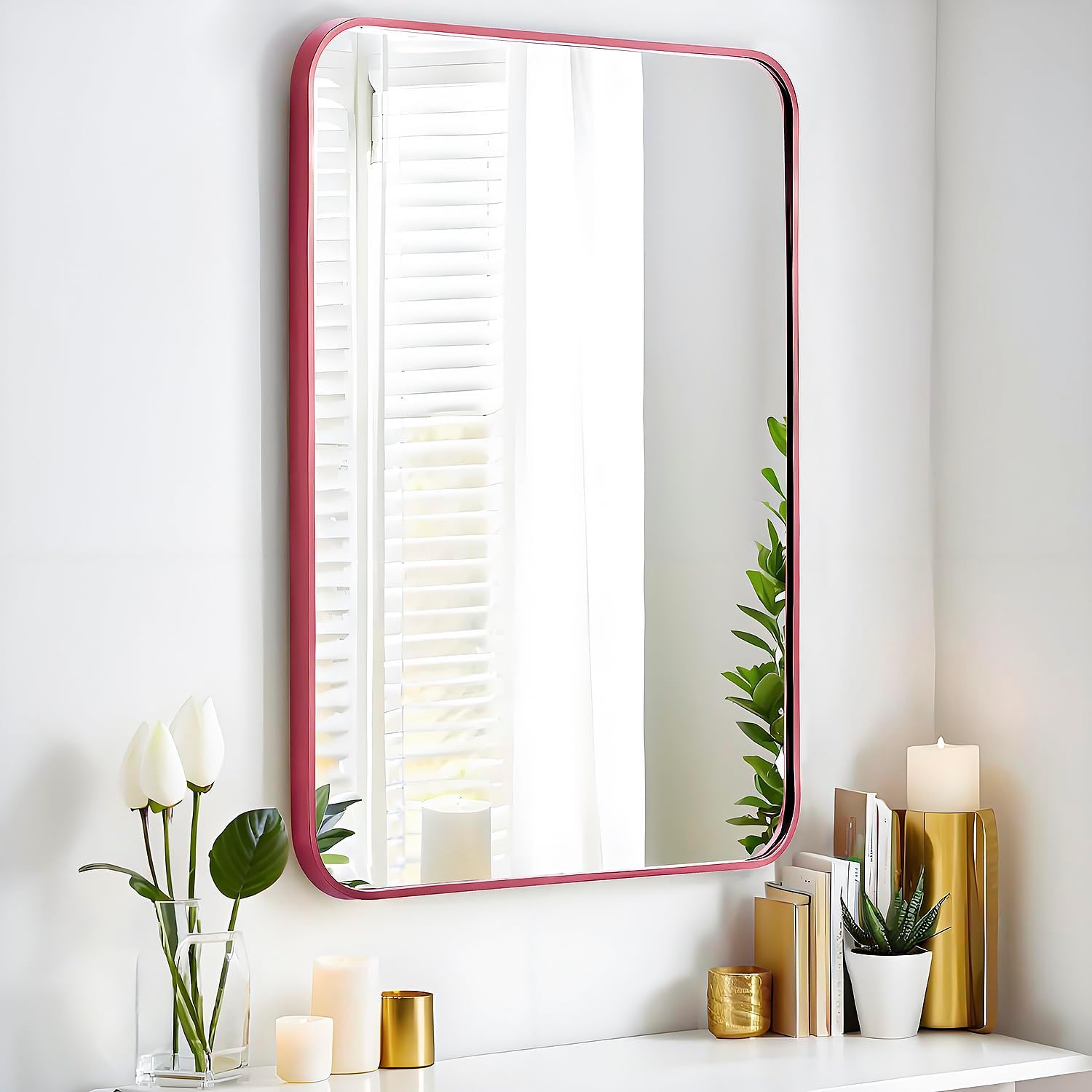 36x24 Mirror Rectangle Wall Mounted Aluminum Metal Frame Square Mirrors for Entryway Girl Bedroom Bathroom Living Room 36 24 inch Pink Rose Gold