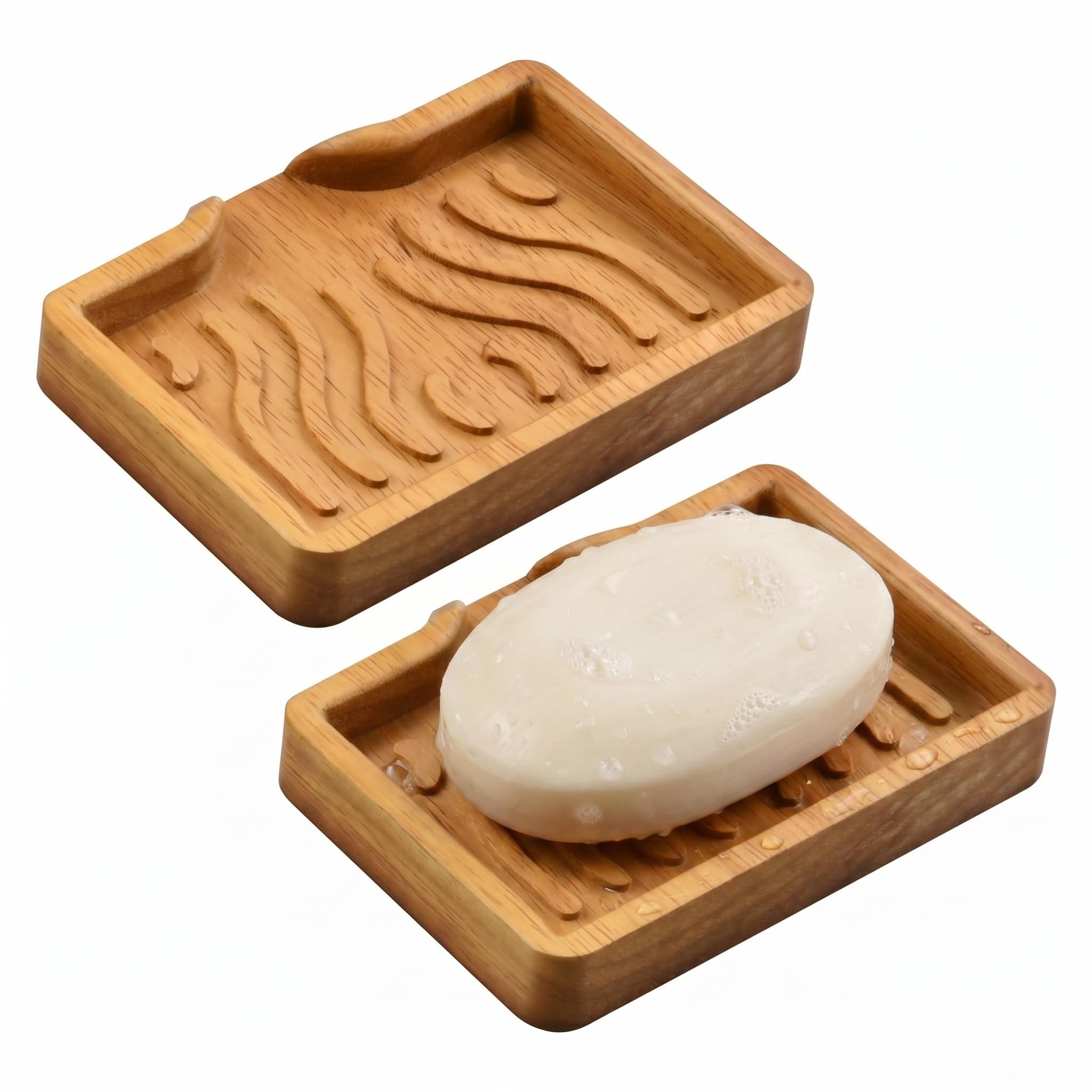 Zirax Teak 2 Pack Wooden Soap Dish For Bathroom And Kitchen Sink, Self Draining Waterfall Soap Holder Tray For Shower, Natural Wood Bar Soap Saver For Sponges And Scrubbers