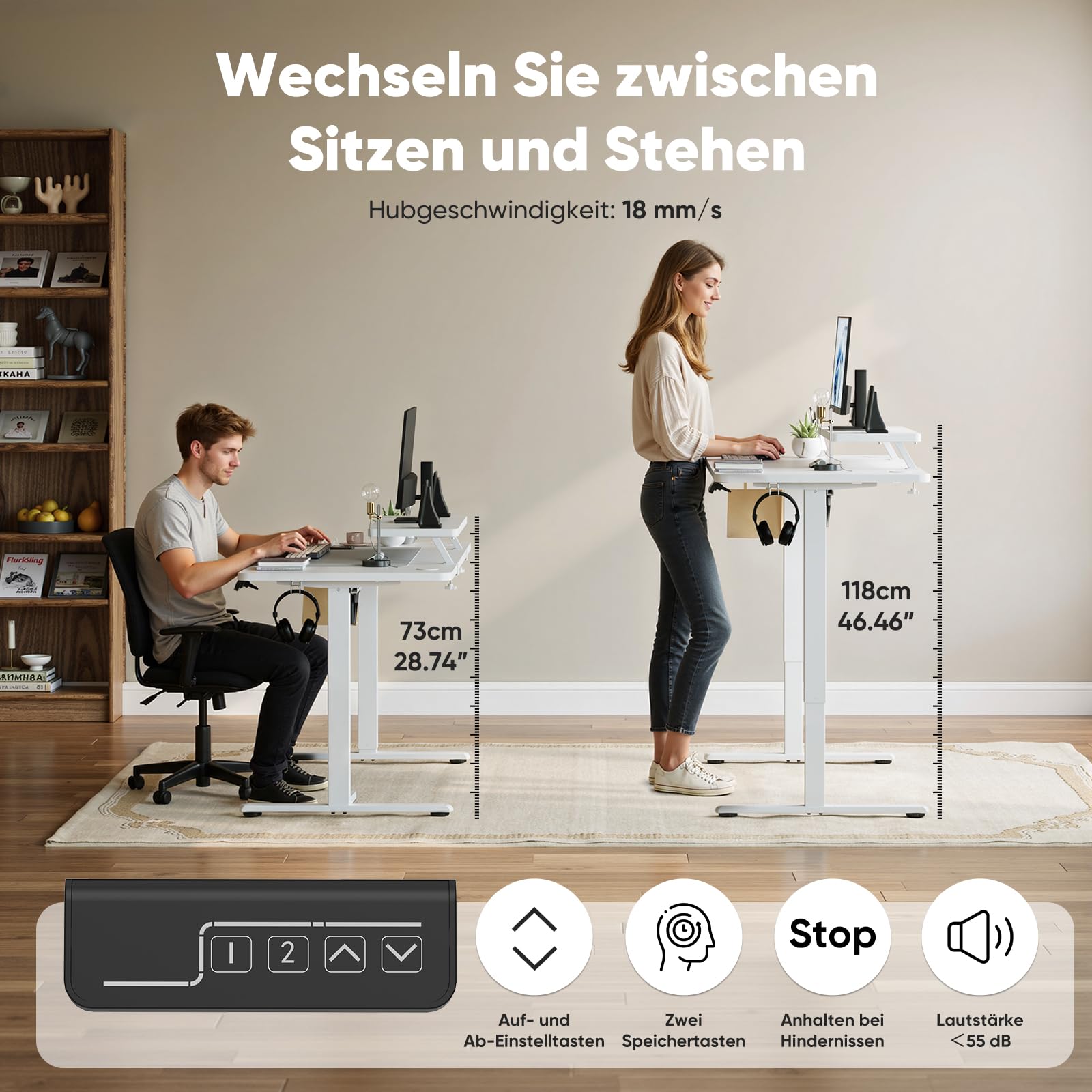 Sweetcrispy Höhenverstellbarer Schreibtisch mit Monitorständer, 140 x 60 cm Schreibtisch Höhenverstellbar Elektrisch, Ergonomischer Steh-Sitz Tisch, Computertisch Standing Desk, Weiß