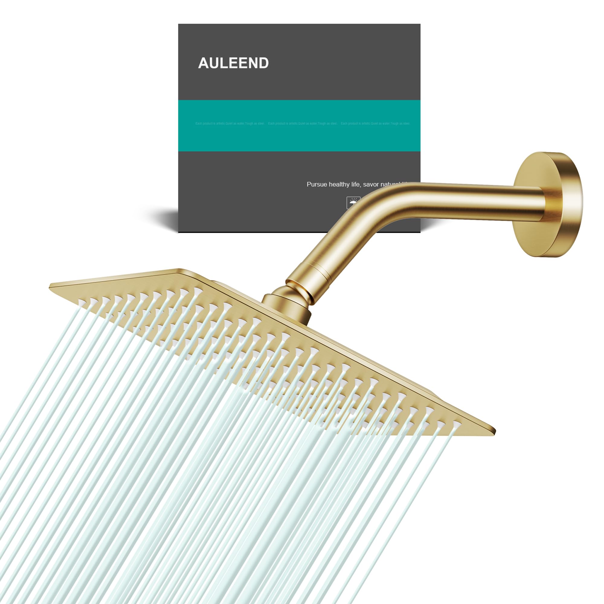 AULEEND Square Rain Shower Head, High Flow Stainless Steel,Work with any decorative style?All Metal Rainfall Shower Head (Brushed Gold, 8)