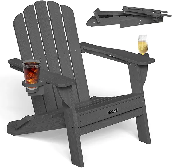 Eesdom Folding Adirondack Chair, HDPE Adirondack Chair with 2 Cup-Holders, Outdoor Fire Pit Chairs for Poolside, Garden, Patio, Grey