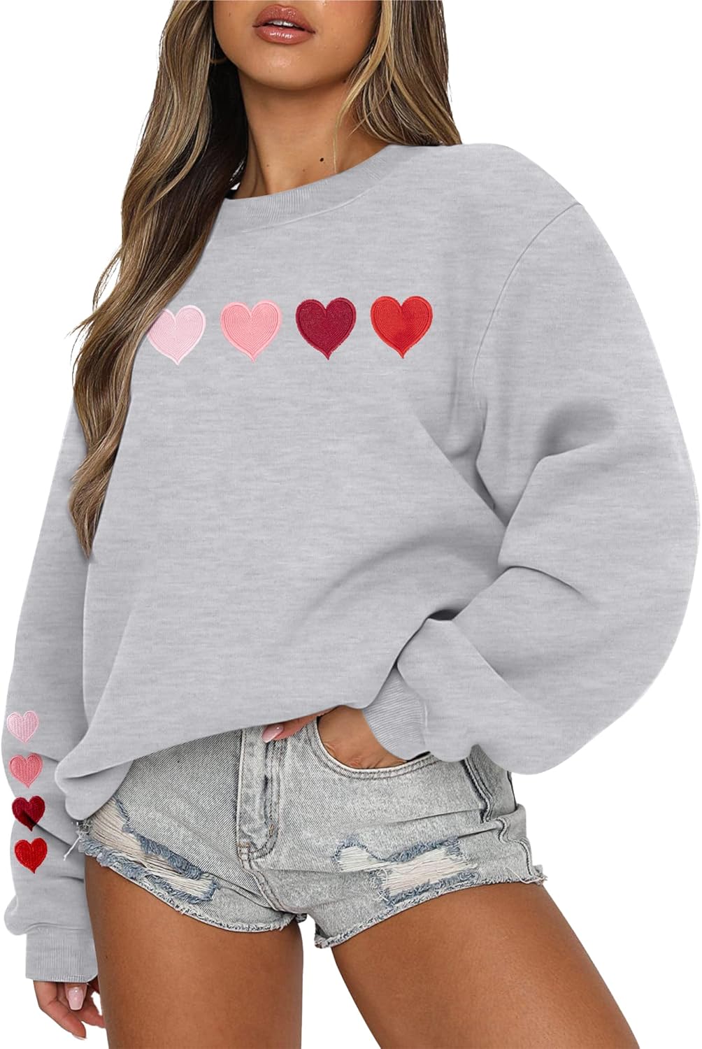 MYHALF Valentines Day Sweatshirts Valentine Shirts: Womens Love Heart Long Sleeve Tops Oversized Patch Crewneck Pullover