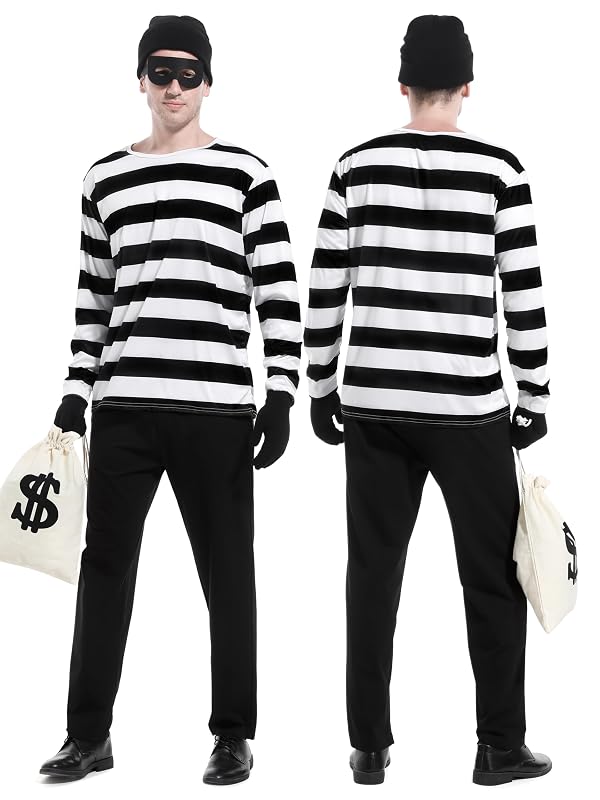 FancyFun 5 Pieces Halloween Costume Set, Men's Robber Costume Halloween Cosplay Costumes Burglar Accessories Striped Shirt for Adult 2XL by FancyFun - Used condition - Image 4