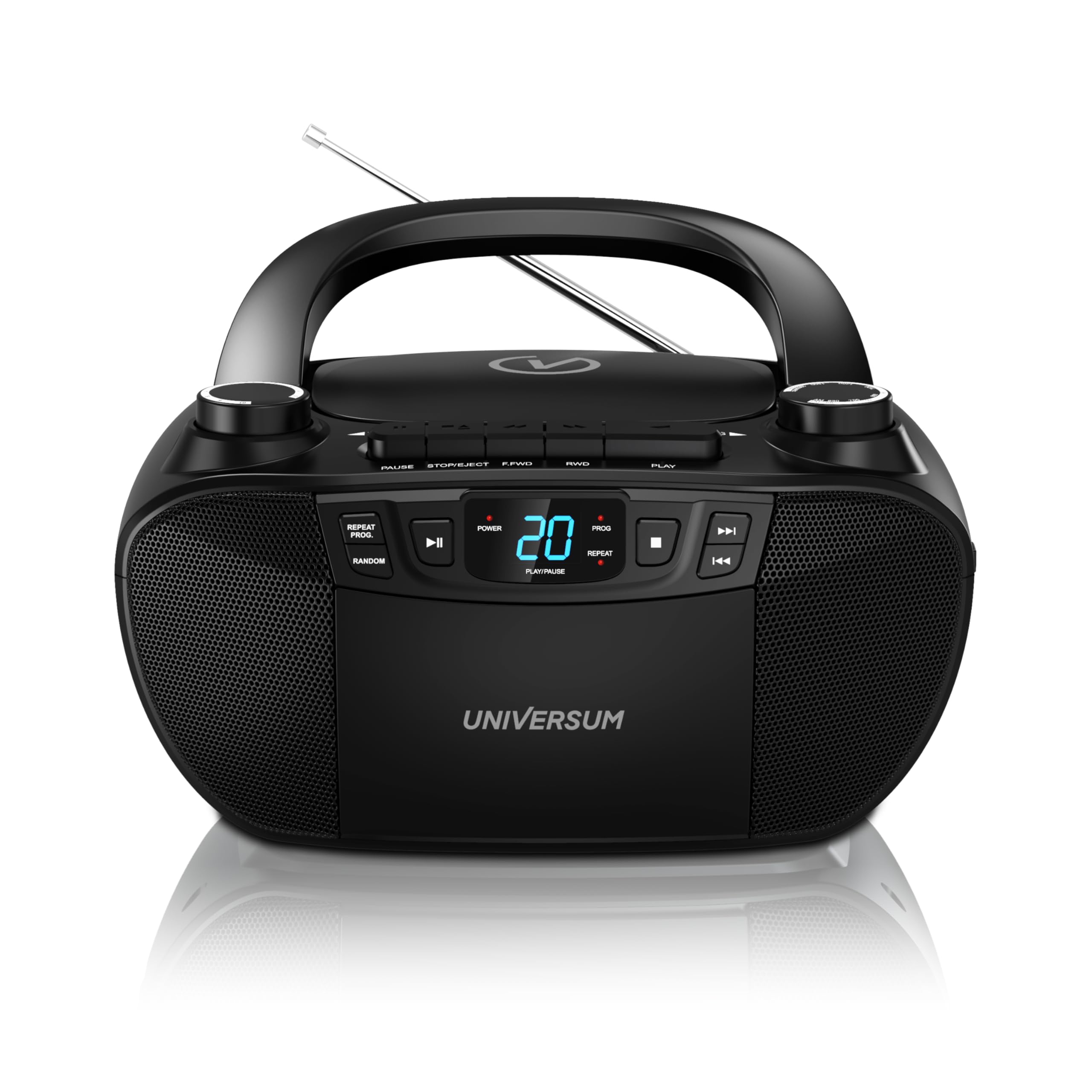 UNIVERSUM BB 200 - tragbarer CD-Player mit Radio und Kassette, Schwarz | Einfache Bedienung für Kinder & Senioren, AUX-IN, UKW Radio, Kopfhöreranschluss, Netz- & Batteriebetrieb