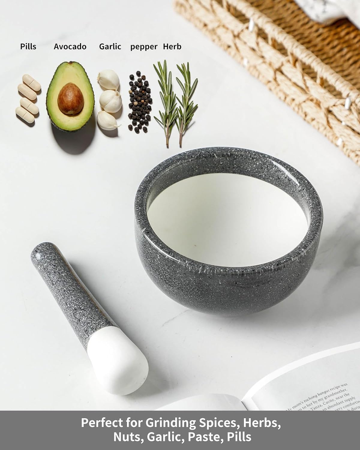 Mortar and Pestle Set, 4.8 inch Ceramic Spice Herb Grinder Pill Crusher Set, Grinding Bowl for Herb, Garlic, Avocado, Pepper, Marble Grey