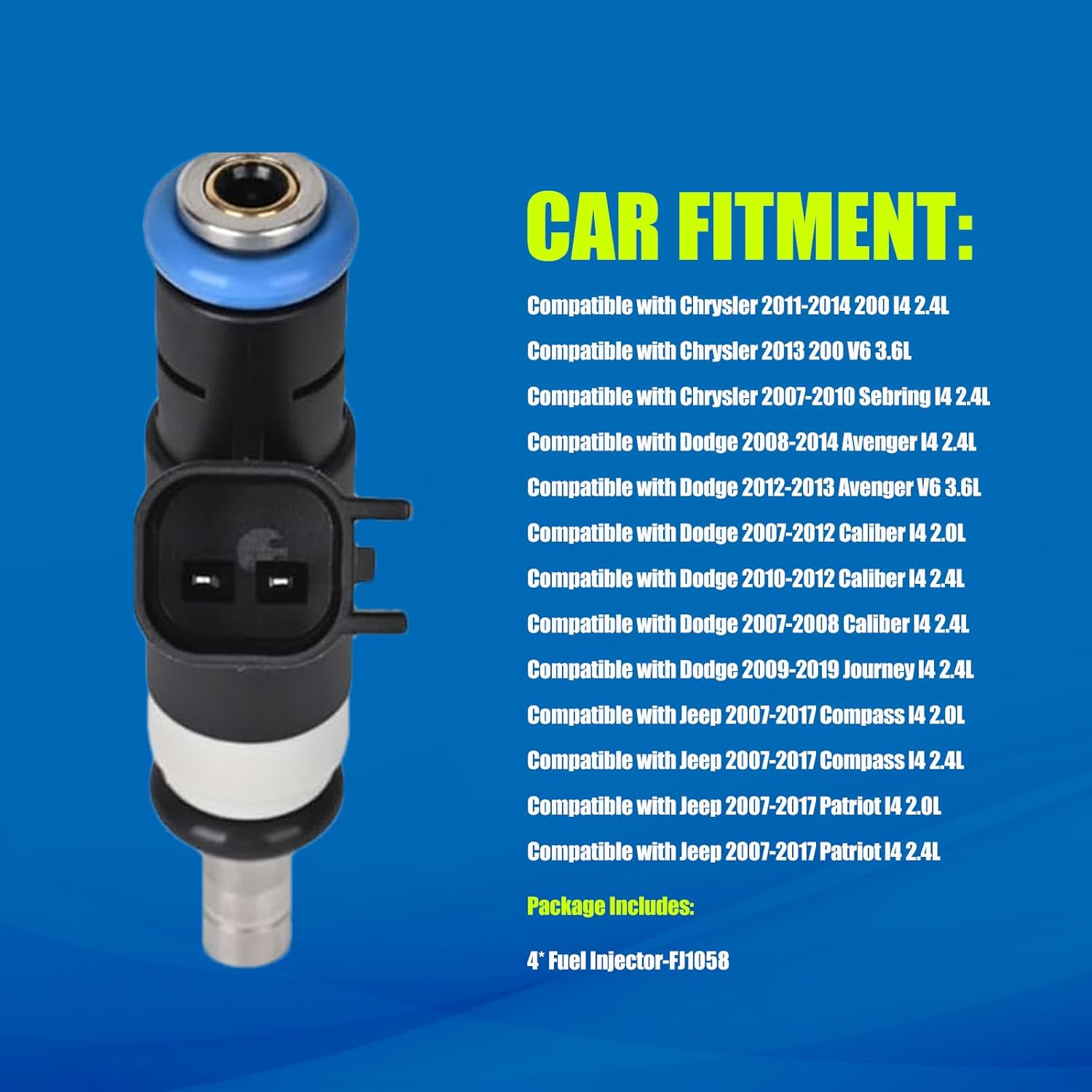 Fuel Injectors FJ1058 4 Hole Fit for Jeep Compass Patriot 2007-2017/for Dodge Journey 2009-2015, Avenger 2008-2014, for Chrysler 200 Sebring 2007-2014, 2.0L 2.4L L4 Gas Engine