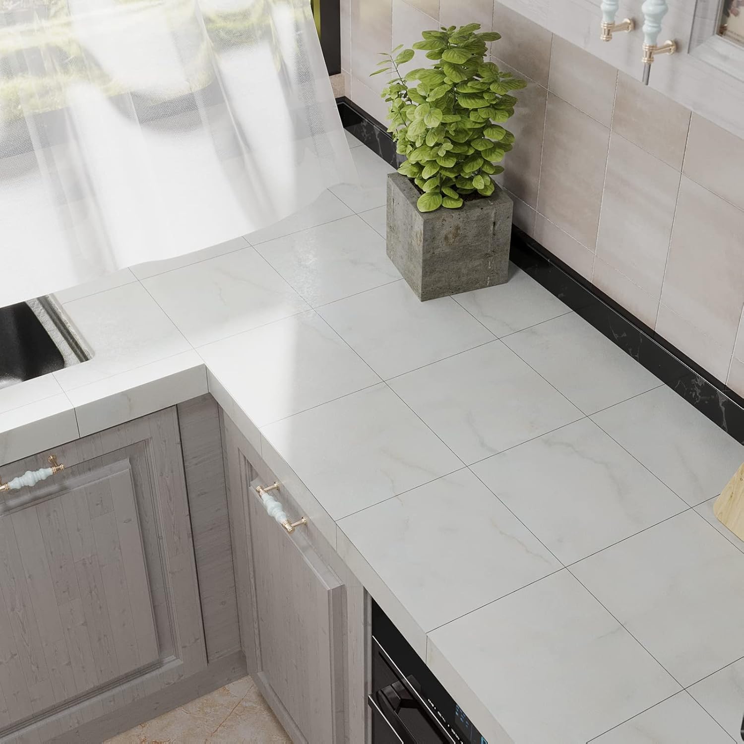 VEELIKE Off-white Marble Vinyl Floor Tiles Peel and Stick Floor Tile Waterproof Self Adhesive 24 Pack White Vinyl Flooring Sheets for Bathroom Bedroom Kitchen Powder Room Renter Friendly Flooring Tile