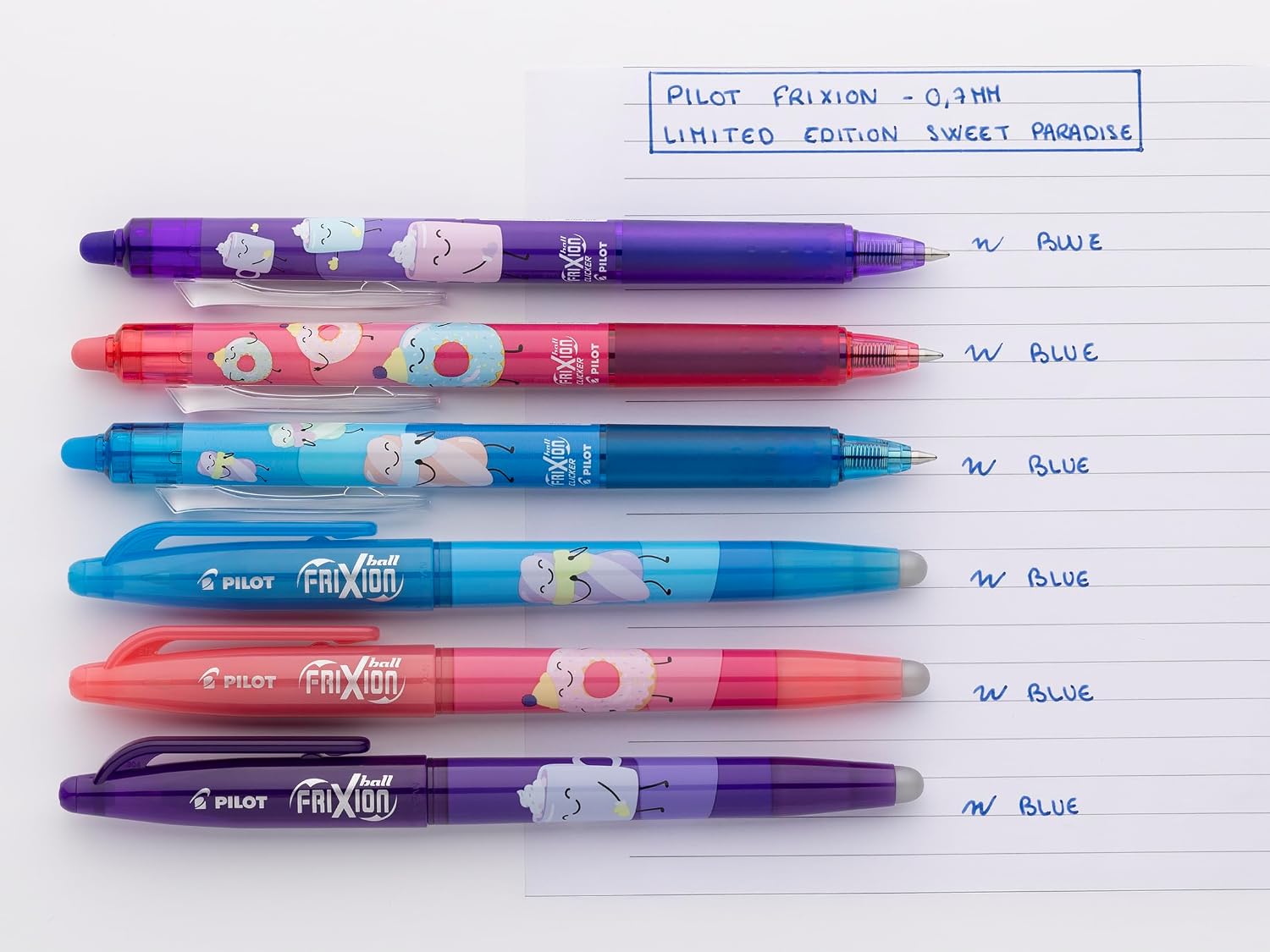 PILOT - Collector's Box 3 Frixion Ball + 3 FriXion Ball Clickers - Erasable Pens - Limited Edition Sweet Paradise - Refillable - Turquoise Blue, Coral Pink, Purple - Blue Ink - Medium Tip