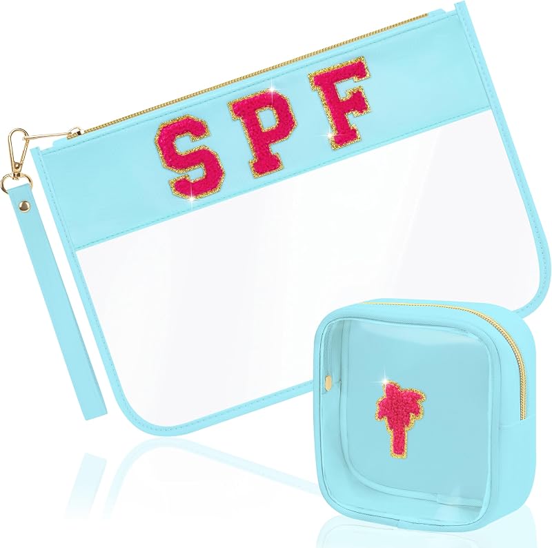 BuyCard Necessaire transparente de PVC com patch de chenille SPF, azul, pacote com 2