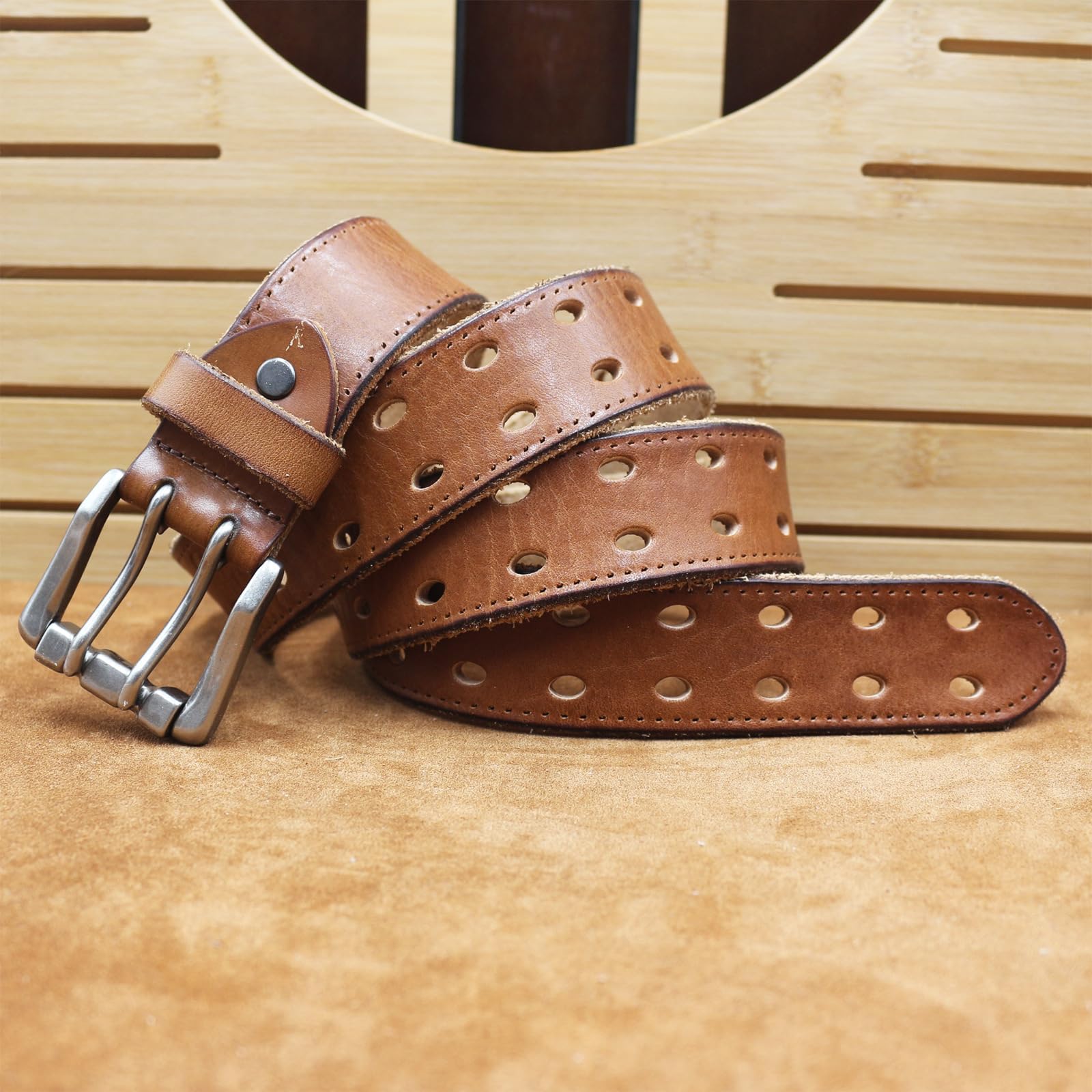 Ceinture De Travail pour Homme Cuir Pleine Fleur Très Résistant Aspect Vieilli Ceinturon Boucle à Double Ardillon, Sangle De Taille à 2 Trous(120cm/47, Brown)