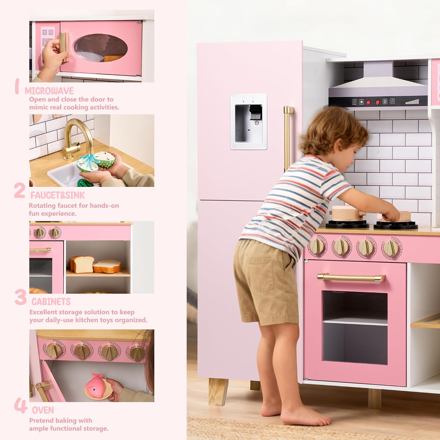Wooden Play Kitchen for Kids Ages 3+, Pretend Toy Kitchen with Real Lights & Sounds, Stove, Sink, Microwave &,Storage, Montessori Kitchen Playset with 6PCS Cookware for Toddlers