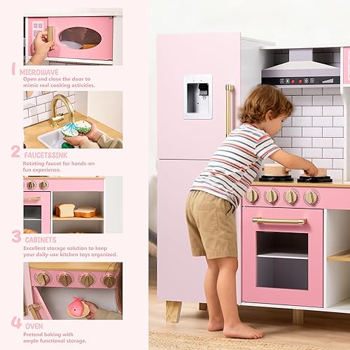 Miniatura 4 de Play Kitchen - Juego de cocina de juguete de madera para niños con luces y sonidos reales, juego de cocina de chef para niños con fregadero, estufa,