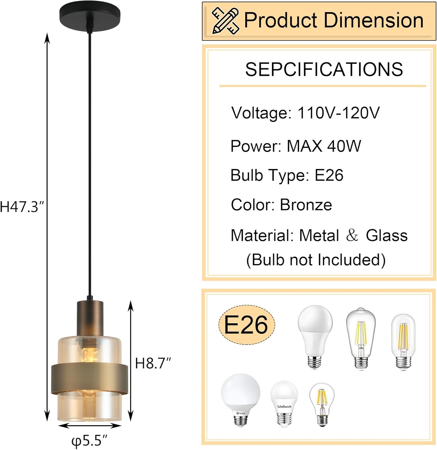 Modern Amber Glass Pendant Light Fixtures Kitchen Island Lighting, Mini Glass Pendant Lights with Bronze Finish Matal Ring, E26 Height Adjustable Hanging Lights for Kitchen Dining Living Room