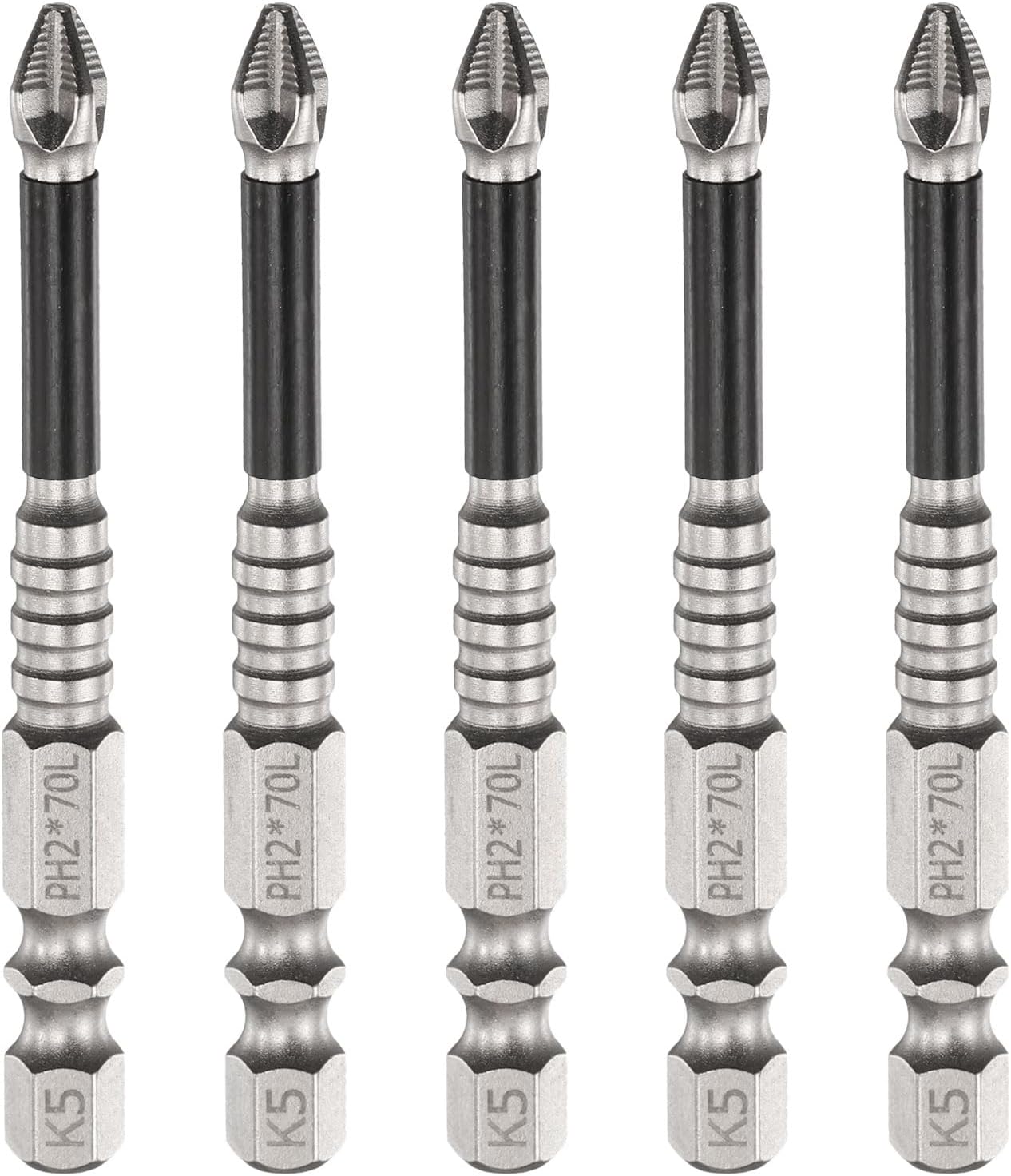HARFINGTON 5pcs Phillips Screwdriver Bit PH2 Serrated Tip 1/4" Hex Shank 2.8" (70mm) Long Impact Magnetic Anti Slip Cross Screw Driver Industrial Power Drill Bits for Remove Fastening Screws