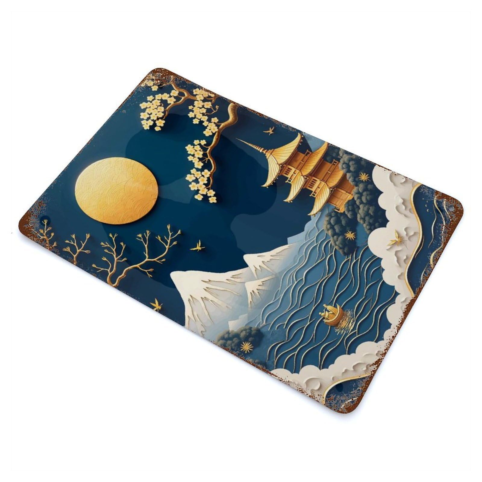 Japanese Papercut Landscape Rusty Metal Tin Sign 11.8"x7.9", Industrial Home Decor for Garage, Pub Or Kitchen
