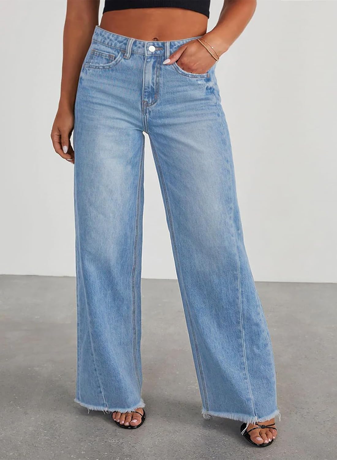 Eytino Women's Plus Size Wide Leg Jeans Elastic High Waist Stretchy Raw Hem Denim Pants with Pockets(1X-5X) - Image 3