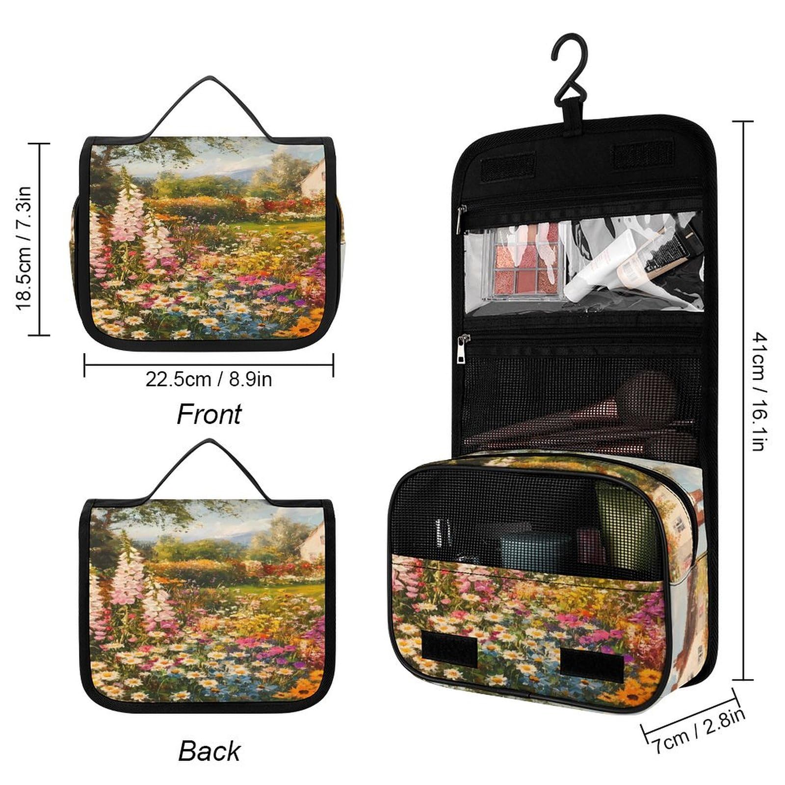 Colorful Flowers Garden Makeup Bag Portable Hanging Organizer for Travel Wash Bags With Handle And Divider