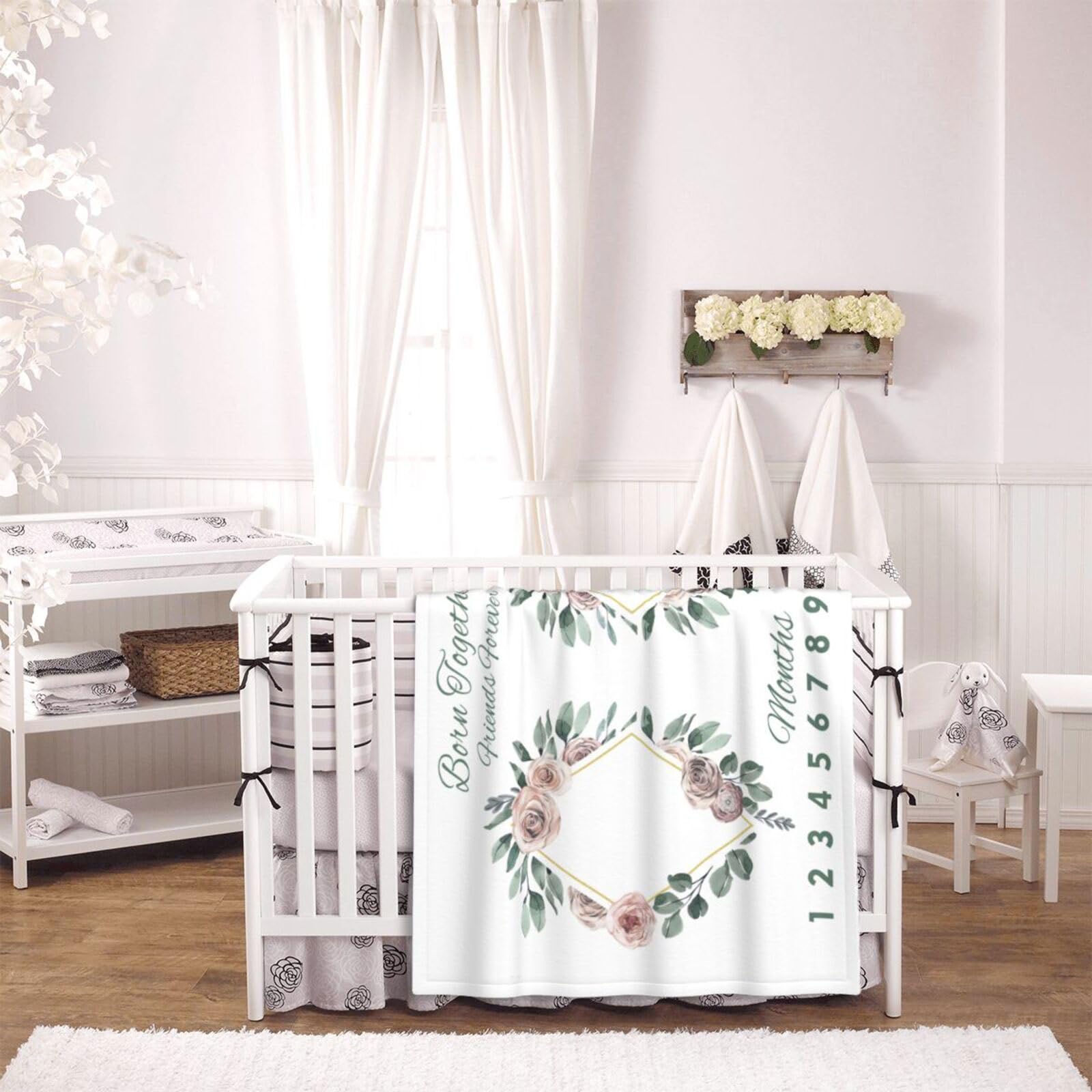 Twins - Manta mensual de bebé para niñas, manta de mes de recién nacido, manta de franela suave para fondo de fotografía, regalo de ducha personalizado, flor bohemia