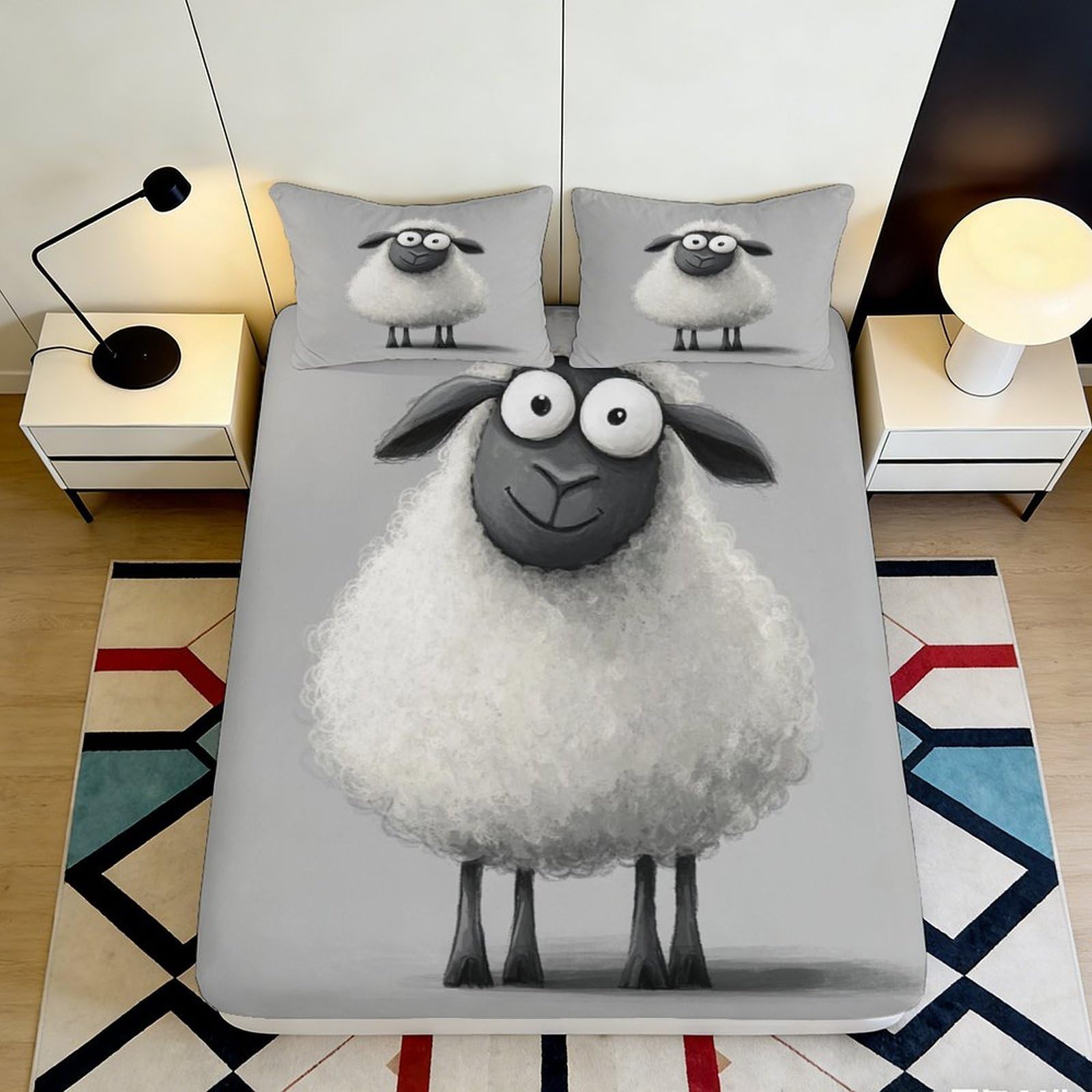 3D Printed Cute Sheep Fitted Sheet Microfiber Soft Durable Cartoon Lamb Bed Cover for Bedroom Dormitory Guest Room Mattress Protection 160x200x25cm