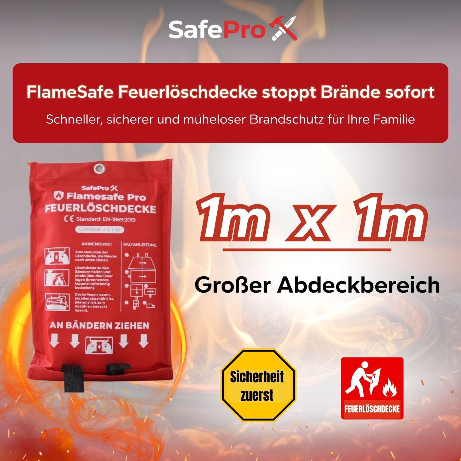 Flame Safe Löschdecke für die Küche – Brandschutzdecke 1,0 m x 1,0 m – Hitzebeständige Glasfaser-Feuerschutzdecke für Fettbrände, Zuhause, Auto, Büro, Garage, Grill, Werkstatt – 1er Pack