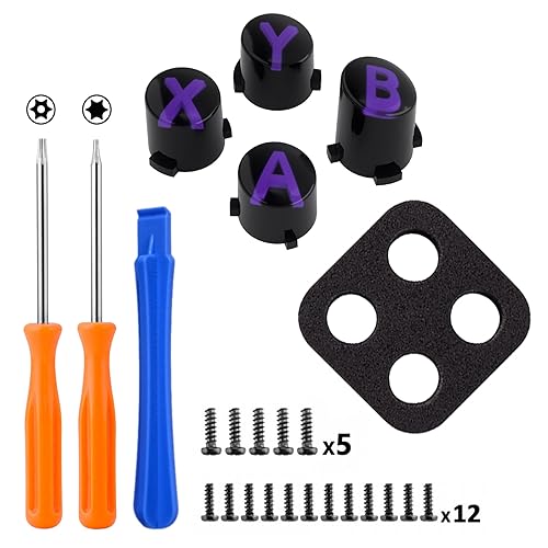 Miniatura 2 de eXtremeRate ABXY - Botones para controlador Xbox Series X y S, tres tonos negro y transparente con símbolos clásicos morados, teclas de acción