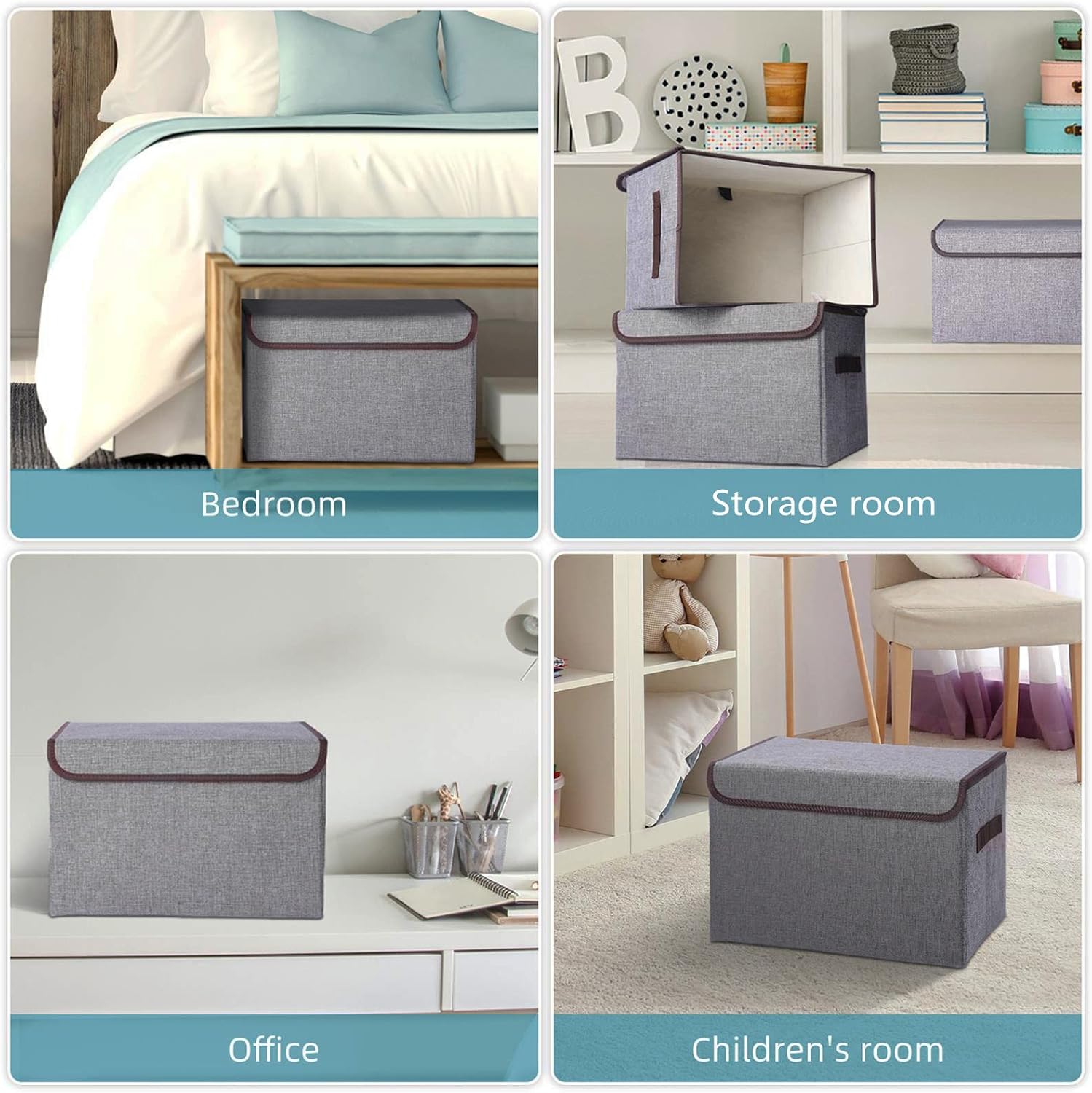 Bagnizer 22 Quart Linen Fabric Foldable Storage Cube Bin Organizer Basket with Flip-Top Lid & Handles, Large Toy Clothes Blanket Box for Nursery, Playroom, Home, Office, Closet, Gray, 4 Pack 14.6 x 9.5 x 9.5”