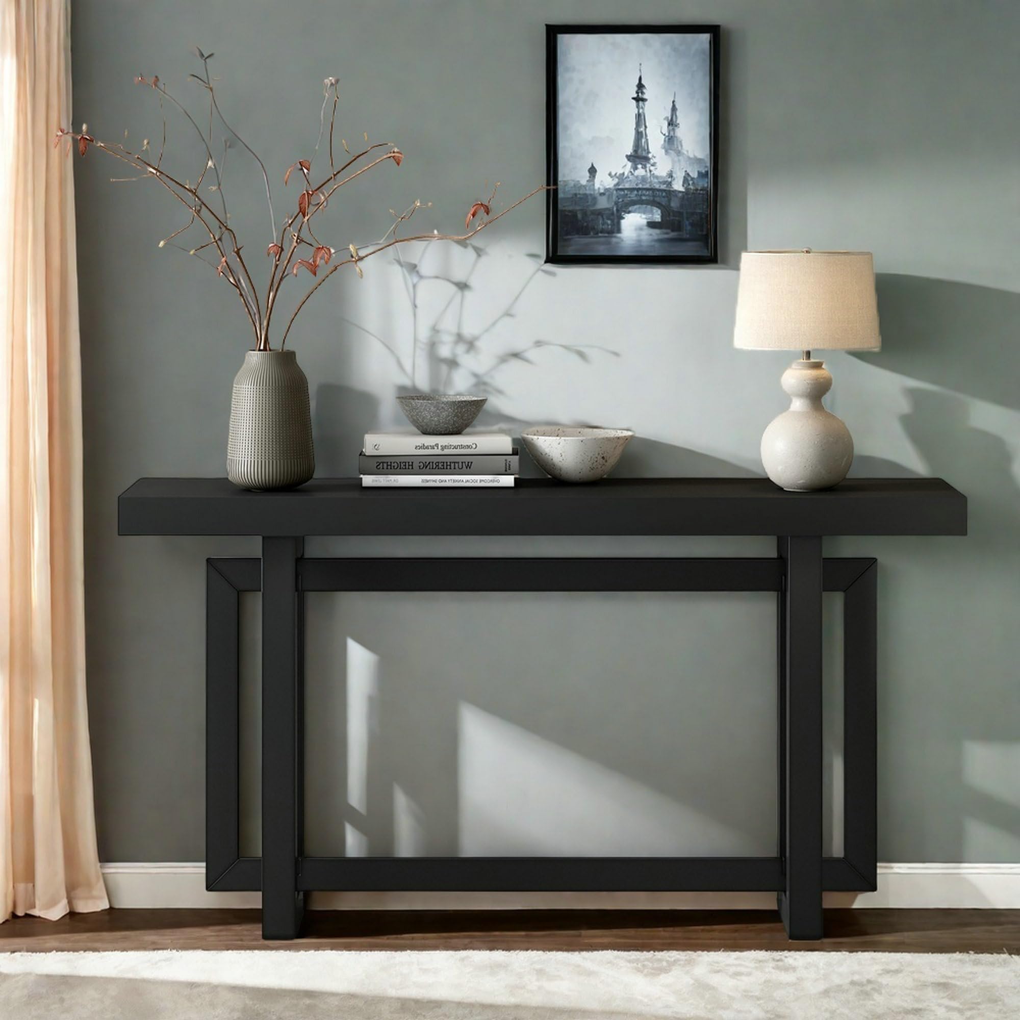 LUMISOL Solid Wood Console Table for Entryway, Modern Industrial Sofa Table with Wood Top, Long Hallway Table for Living Room, Black