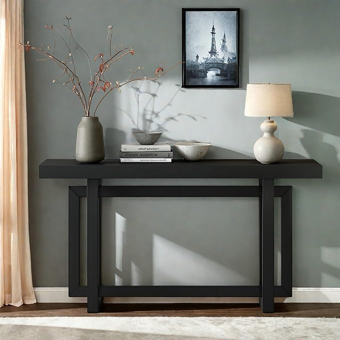 Industrial Console Table with Wood Top for Entryway, Modern Solid Wood Sofa Table, Long Hallway Table for Living Room, Black