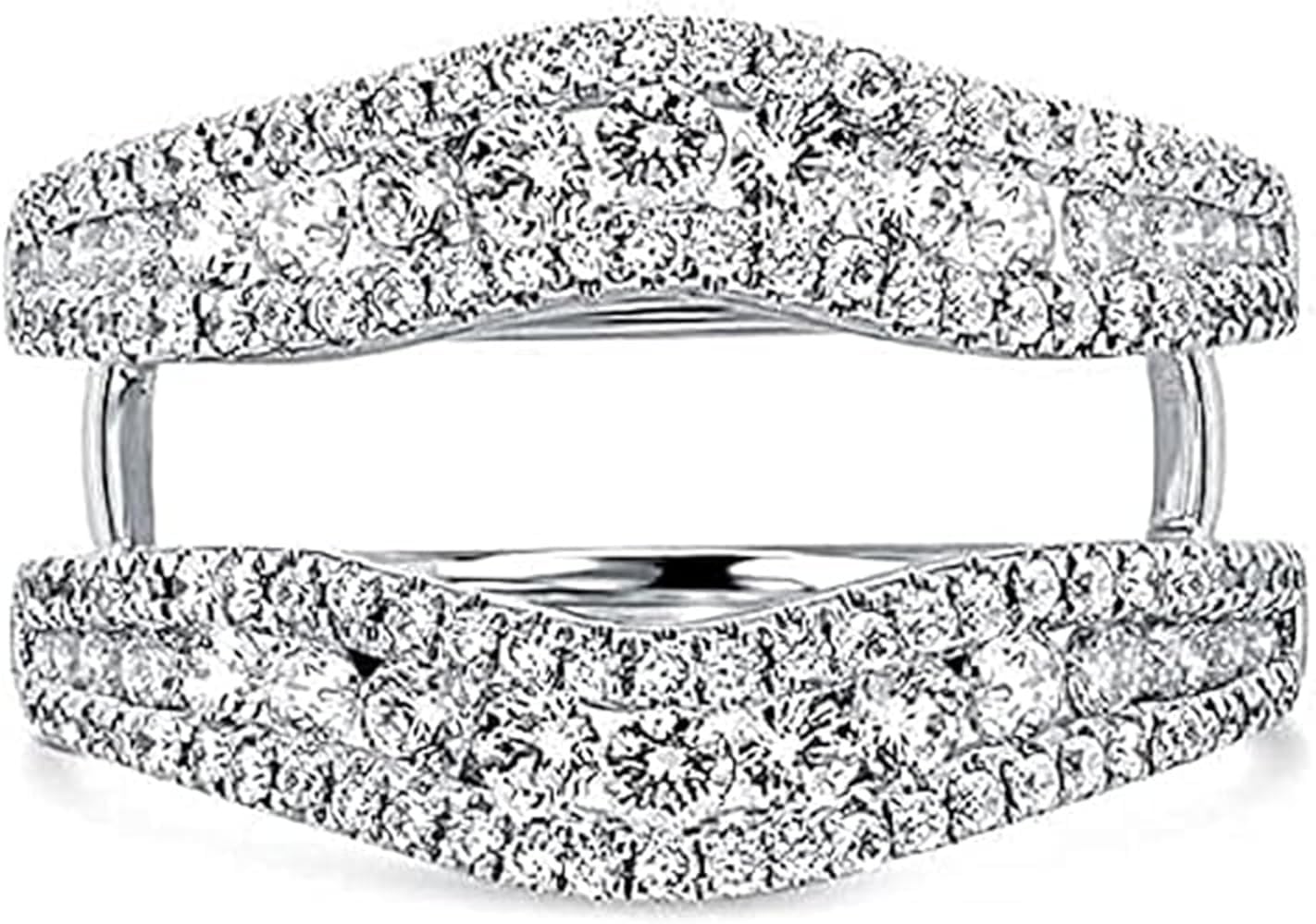 Created Round Cut White Diamond 925 Sterling Silver 14K White Gold Finish Three-Row Curved Wedding Band Wrap Enhancer Ring Guard For Women