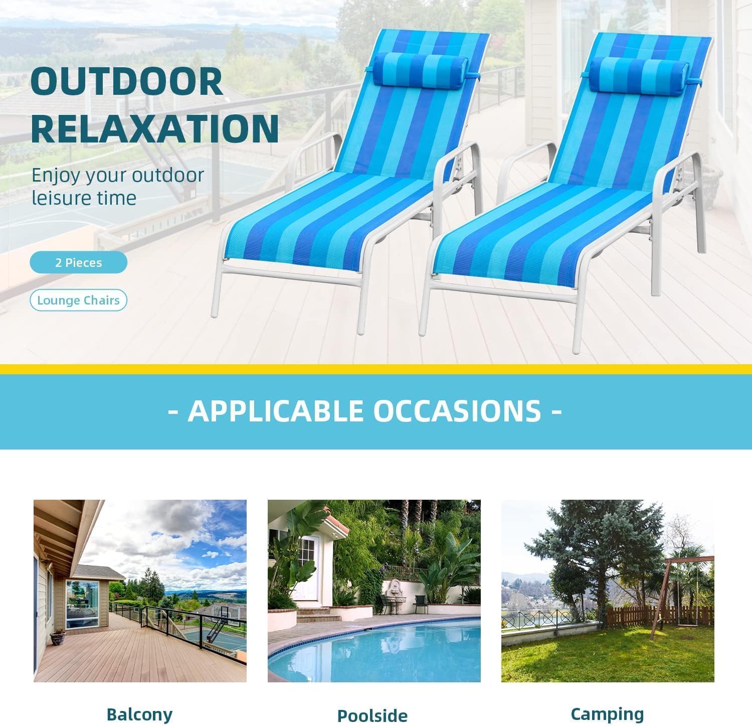 EROMMY Pool Chaise Lounge Chair Set of 2, Outdoor Lounge Chairs with Adjustable Backrest, Waterproof Upgraded Patio Lounge Chairs for Beach Yard Poolside