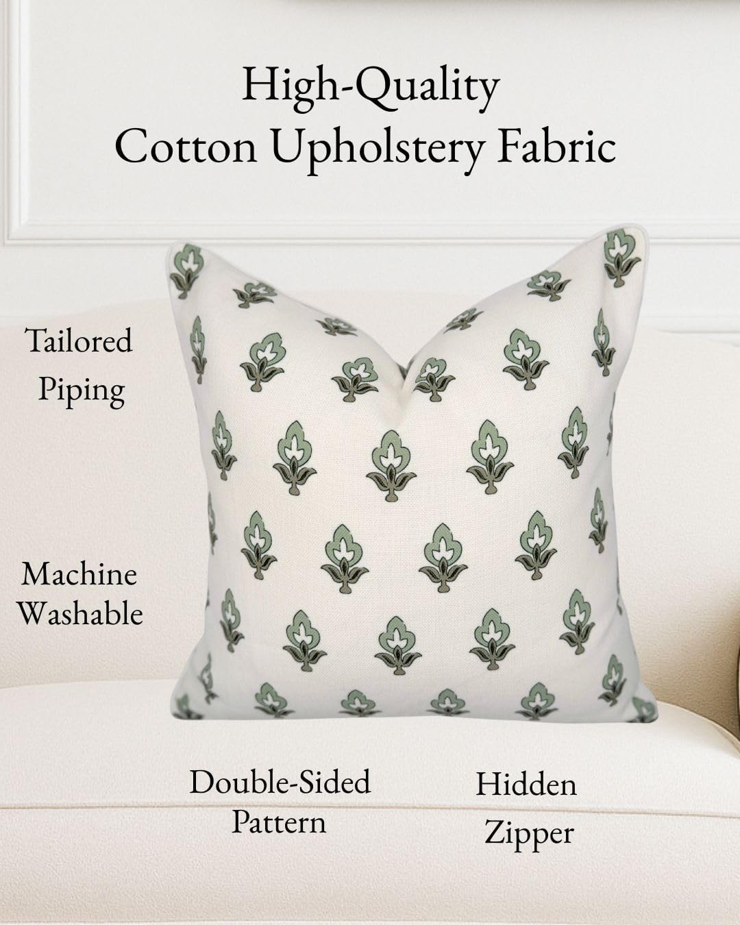 Jillien Harbor “The Poppy” Floral Block Print Pillow Cover – Green Leaf Decorative Festive Throw Pillow Cover with White Background – Grandmillennial Home Decor, 20" x 20"