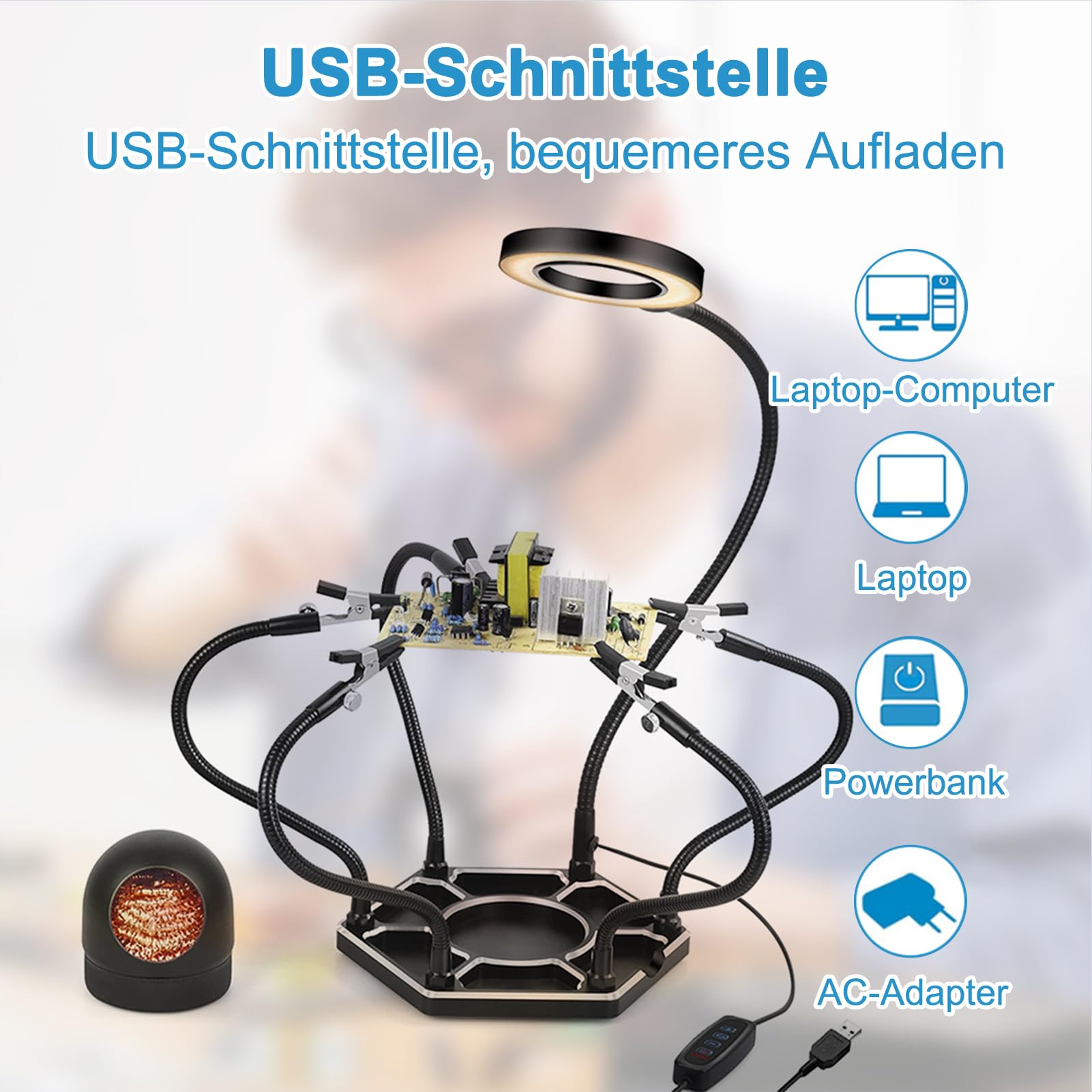 Löten Dritte Hand, Geevorks Löthilfe Werkzeug mit 5 flexiblen Armen und Krokodilklemmen, 3X LED Lupenlampe, Schweißspitzenreiniger für elektronische Reparaturen, Löten, Schmuckbasteln