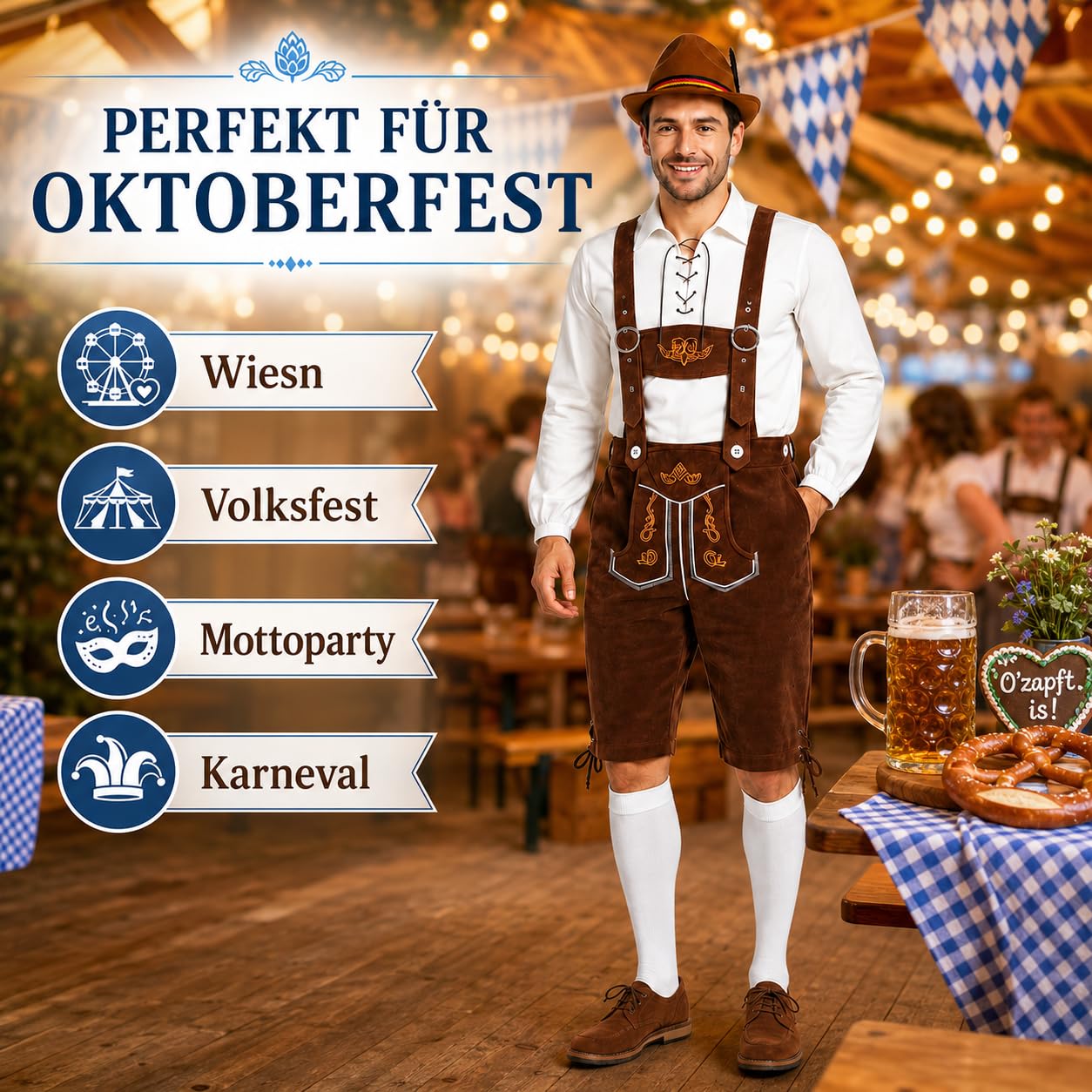4-teiliges Trachtenset Herren Oktoberfest Outfit mit Lederhose und Hosenträgern, Trachtenhemd, Trachtenhut und Kniestrümpfen, Bayerische Tracht für Volksfest