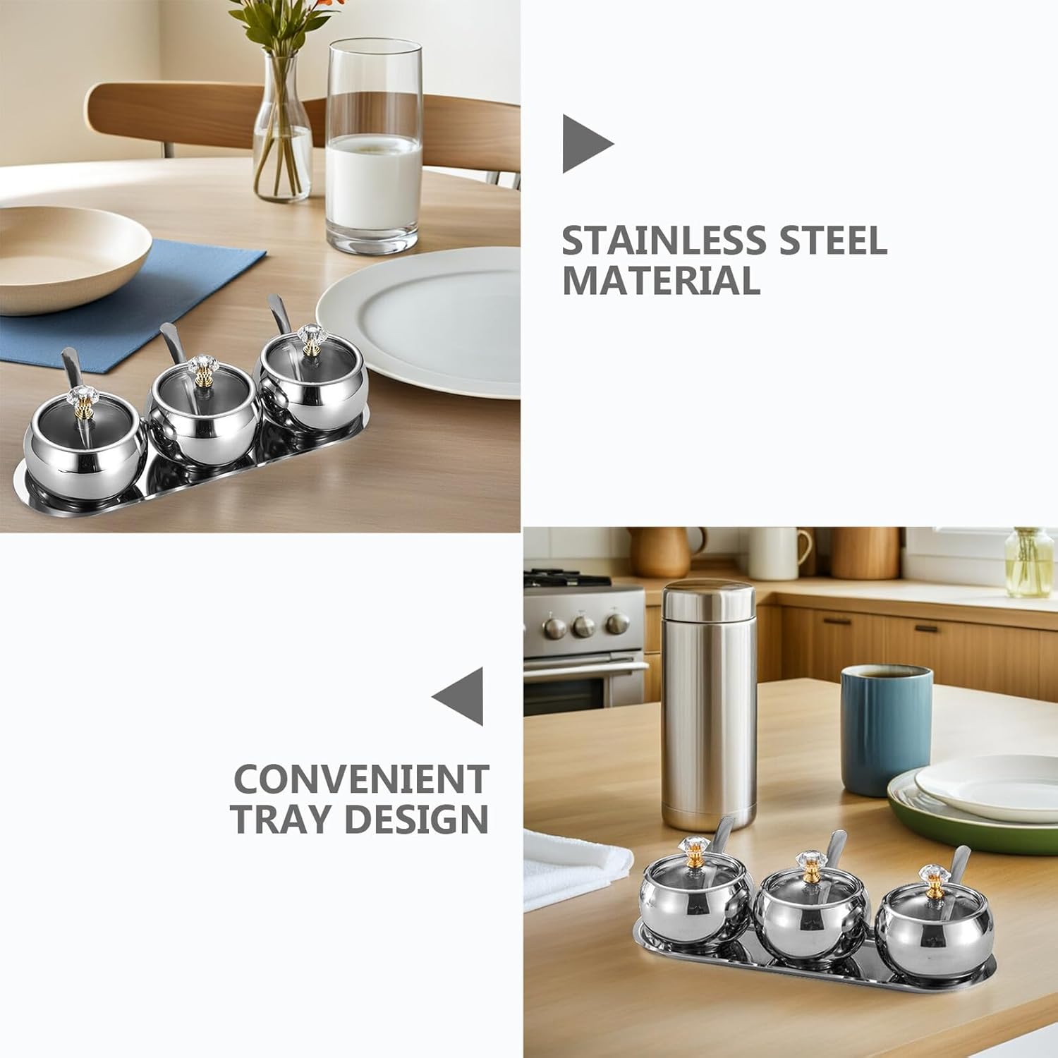 Homoyoyo Stainless Steel Sugar Bowl Set with Lid and Spoon, Metal Seasoning Storage Organizer with Tray for Salt Pepper Coffee, Kitchen Condiment Container for Home Cooking