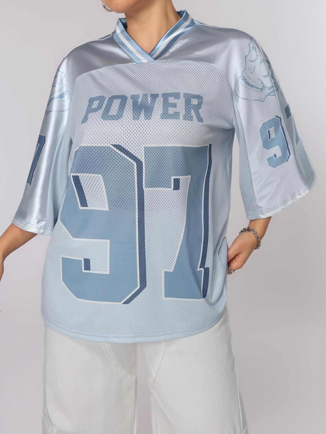 Verdusa Women's Jersey Letter Graphic Oversized Half Sleeve V Neck Y2k T Shirts Streetwear - Image 6