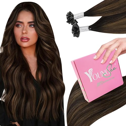 YoungSee Utip - Extensiones de cabello humano con punta en U, color marrón oscuro a marrón, extensiones de cabello real con punta en U de 22