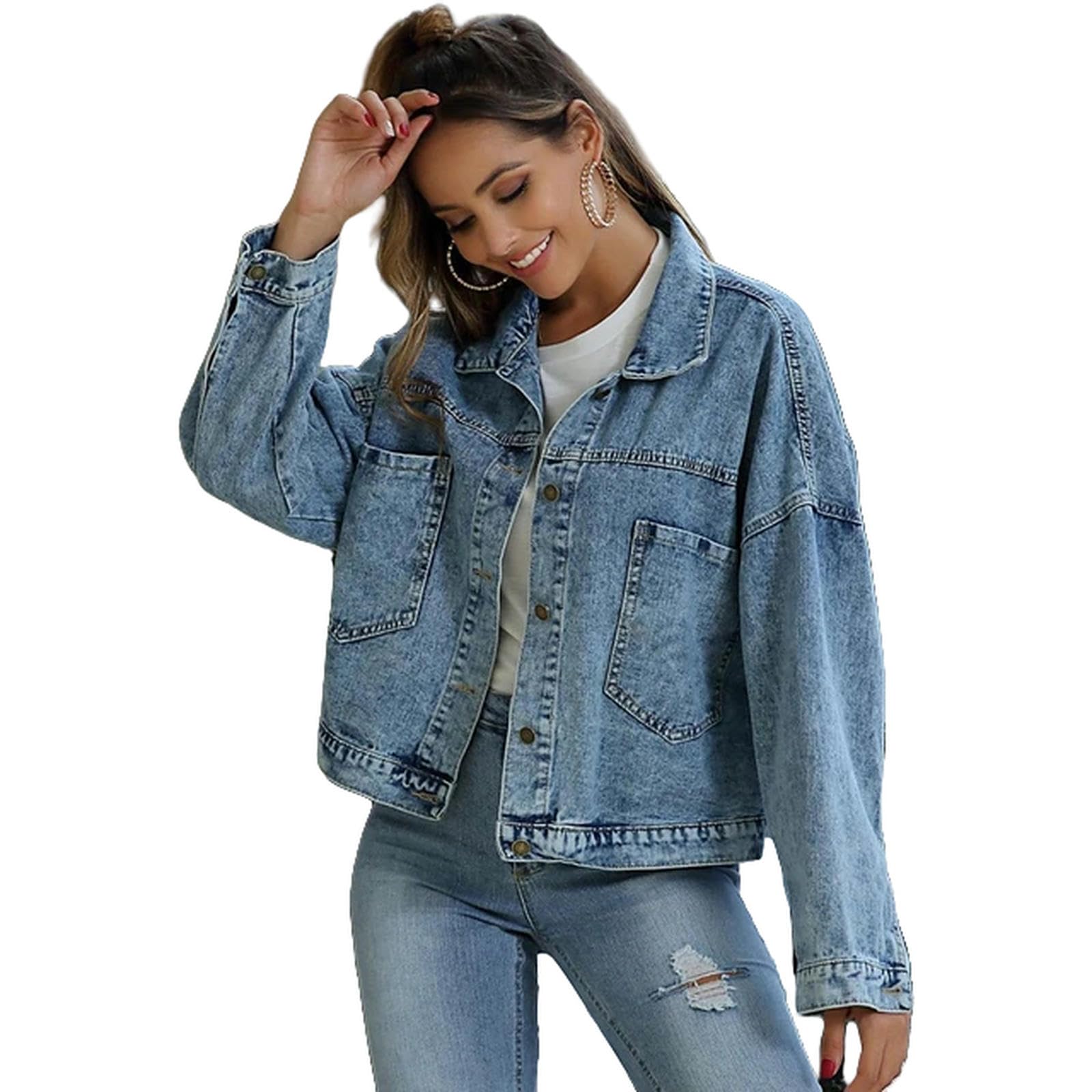 Giacca Uomo Giacca di Jeans Autunnale da Donna Casual Jeans Blu Giacche da Donna Sciolte A Maniche Lunghe Lavate