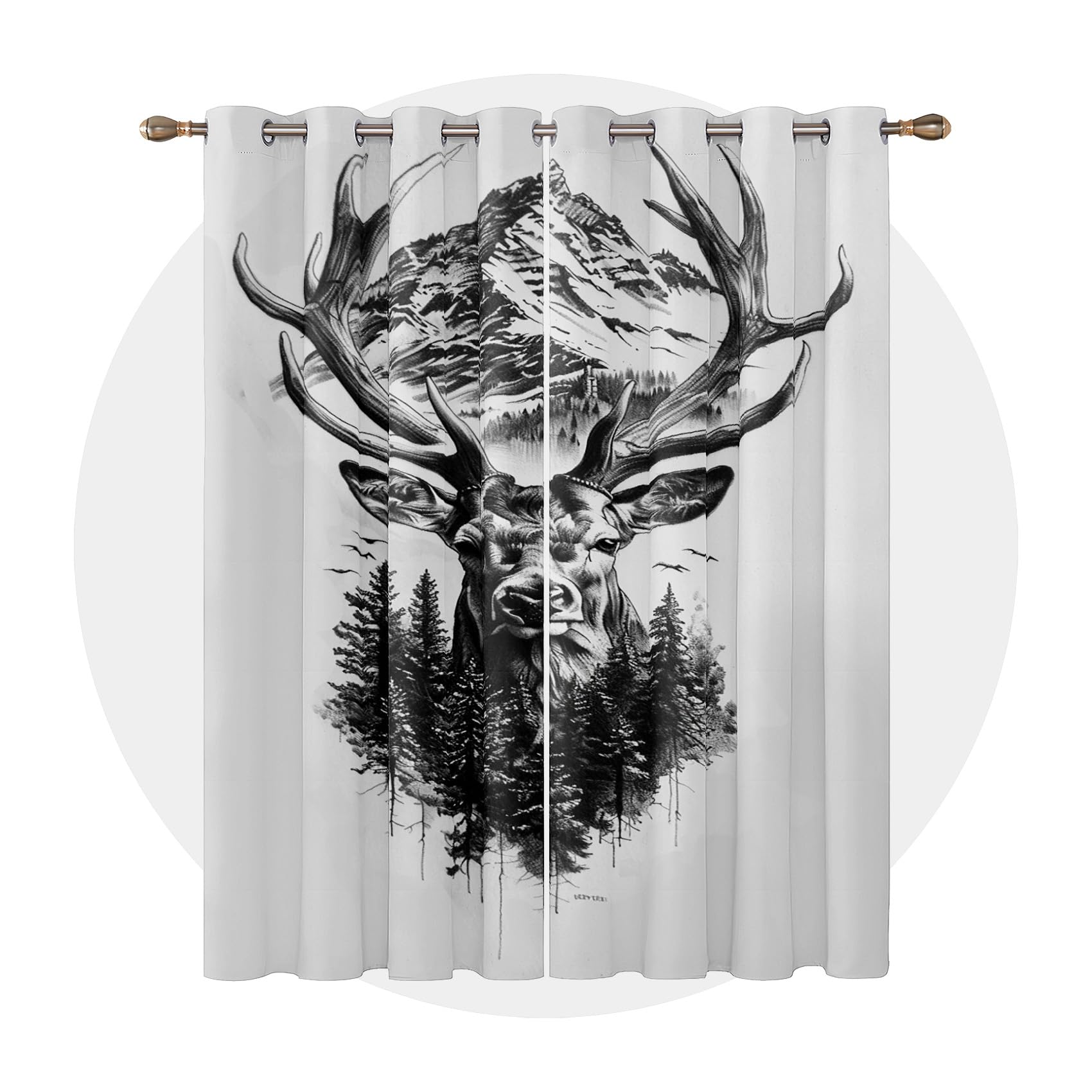 Rideau Occultant Cerf - Rideau Thermique Motif élan Animaux Sauvages Montagne Rustique, Rideaux Chambre Salon Fenetre, Lot de 2 Rideaux et Draperies Intérieurs à Oeillets, 110x215 cm (LxH) L#-93