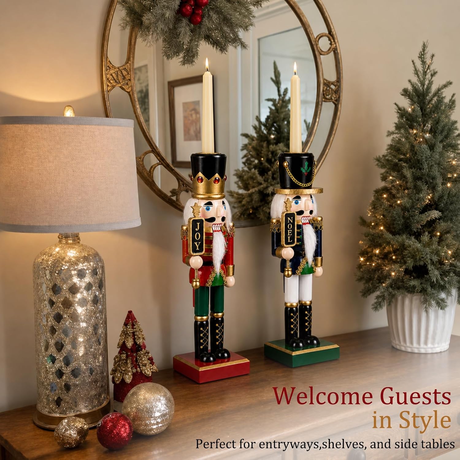 2 Pcs Christmas Nutcracker Candle Holder Nutcracker Candlestick | 10.2 Inch Rustic Xmas Nutcracker Soldier Wooden Taper Candlestick Table Centerpiece for Mantel Fireplace Tabletop Decor