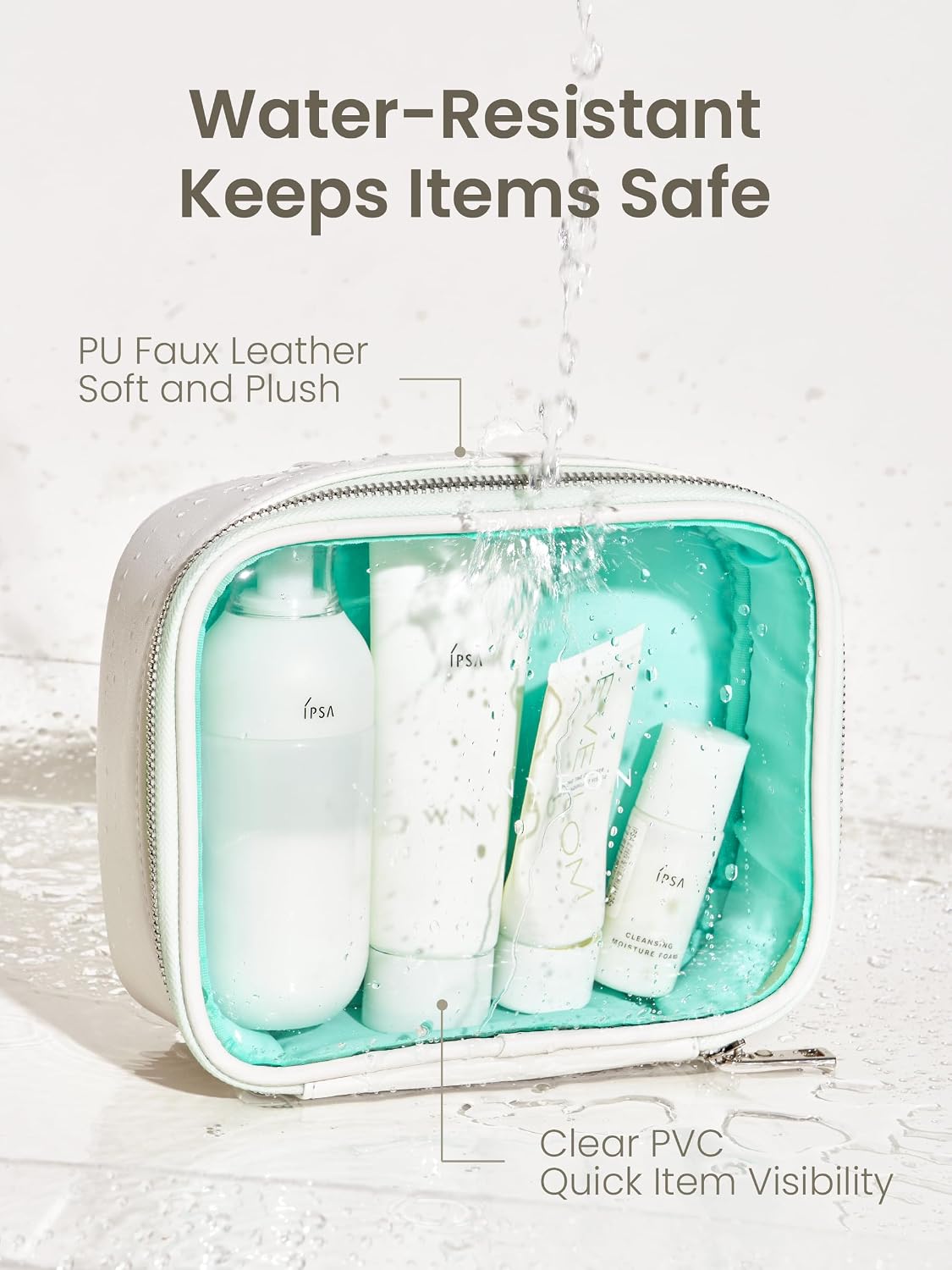 ROWNYEON Clear Makeup Bag Set of 3, Leather Waterproof Cosmetic Bag, Travel Makeup Bag for Women, Portable Toiletry Bag Train Case with Zipper Handle White