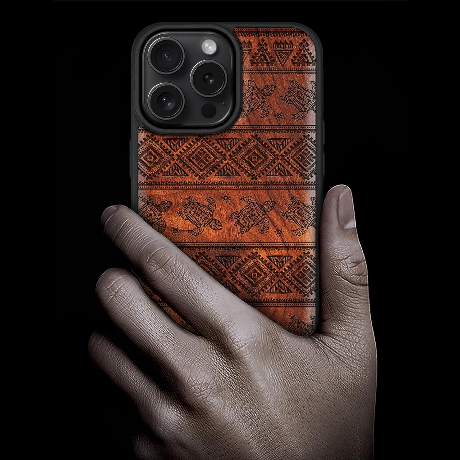 Carveit Magnetic Wooden Case for iPhone 16 Pro Max Case, Wood Artisan Engraved & Black Soft TPU Shockproof Cover, Compatible with MagSafe Wireless Chargers (Aztec Sea Turtle) Rosy