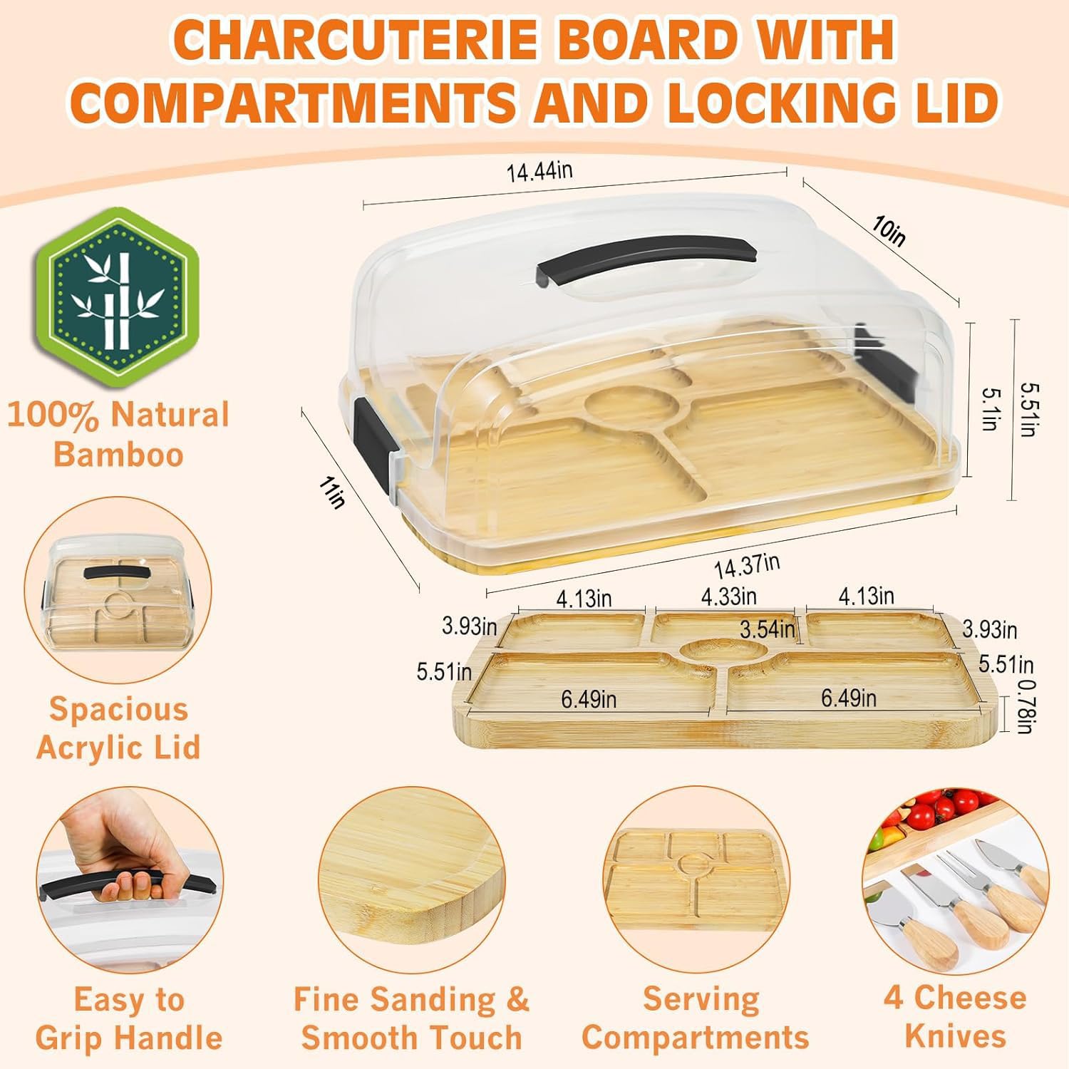 Portable Travel Charcuterie Board with Lid, Bamboo Cheese Charcuterie Board with Cover, Covered Traveling Charcuterie Board Box Gift Set Serving Tray To Go 6 Compartments for Party Beach Picnic Snack - Image 2
