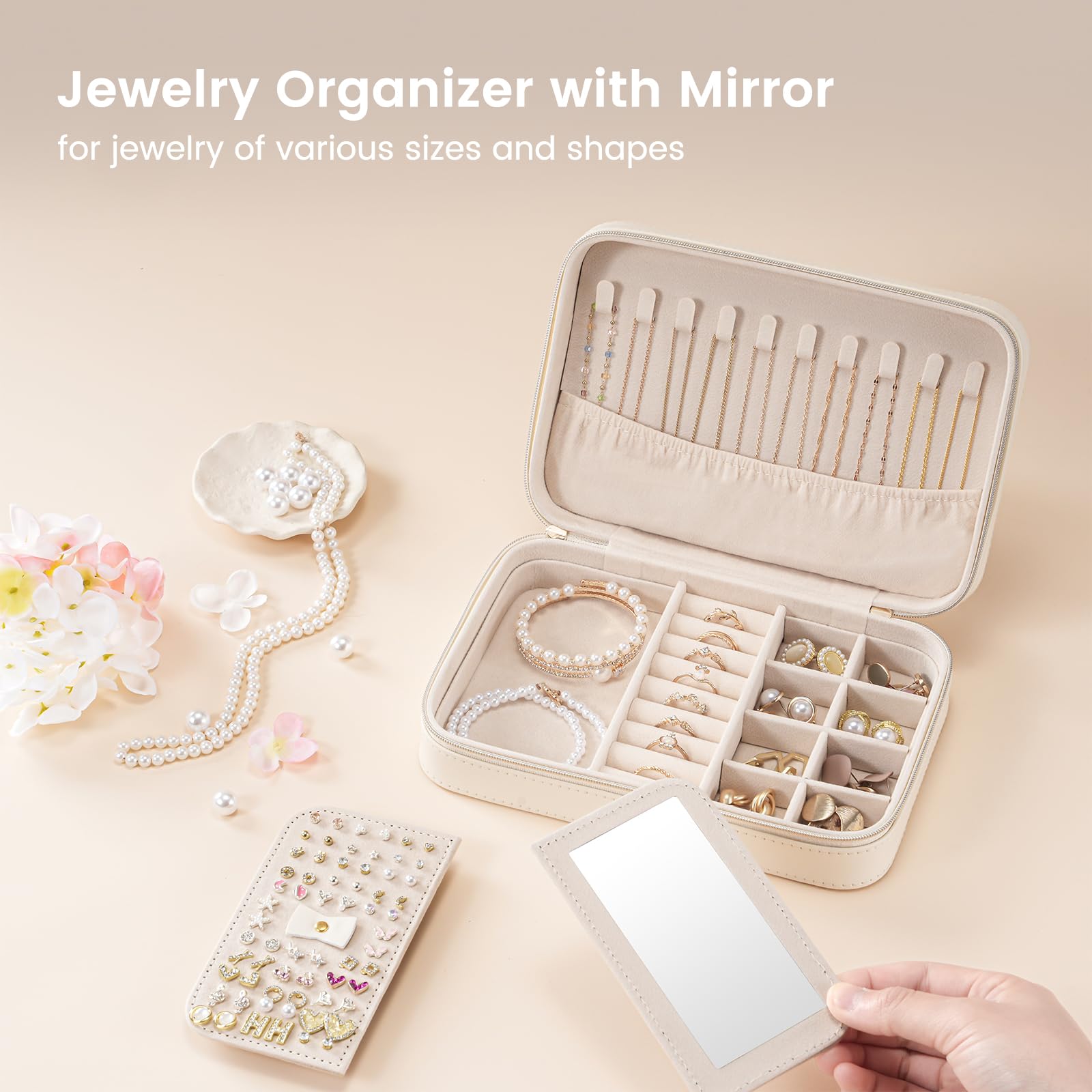 Lolalet Caja de Joyería de Viaje, Organizador Portátil de Piel Sintética con Espejo para Pendientes, Anillos, Collares y Pulseras, Tamaño M, Blanco