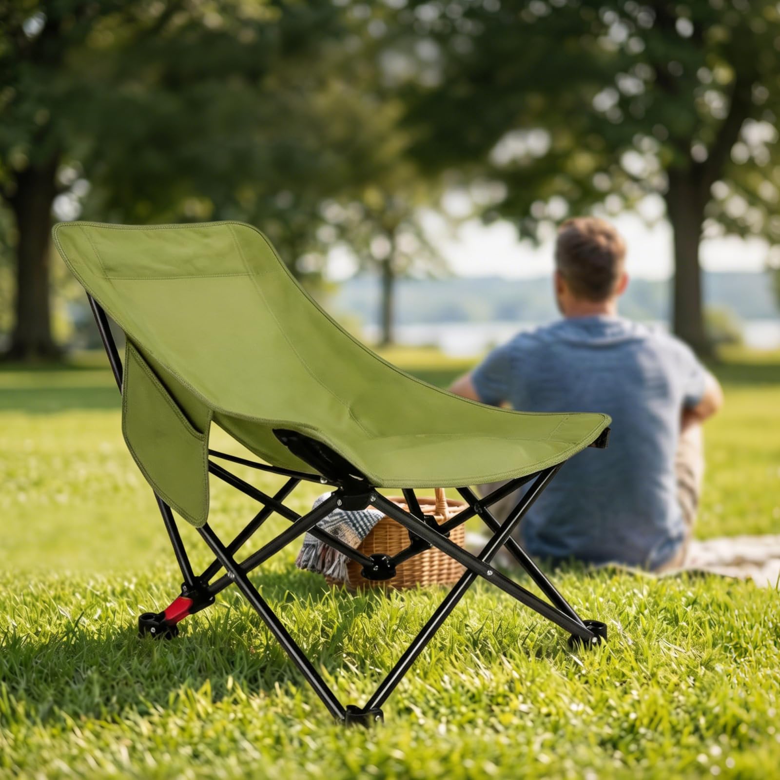 Sedia da campeggio pieghevole con schienale alto, 120 kg, ultraleggera, portatile, con 2 tasche laterali, sedia pieghevole con schienale alto, per esterni, escursionismo, picnic (verde invernale)
