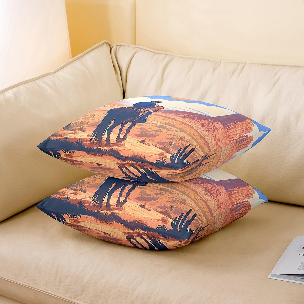 Western Cowboy Pillow Covers for Sofa Couch Chair Desert Cactus Plants Throw Pillow Covers Orange Sun Blue Sky Outdoor Pillow Cover Southwest Farm Style Cushion Cover 24"x24",Set of 2