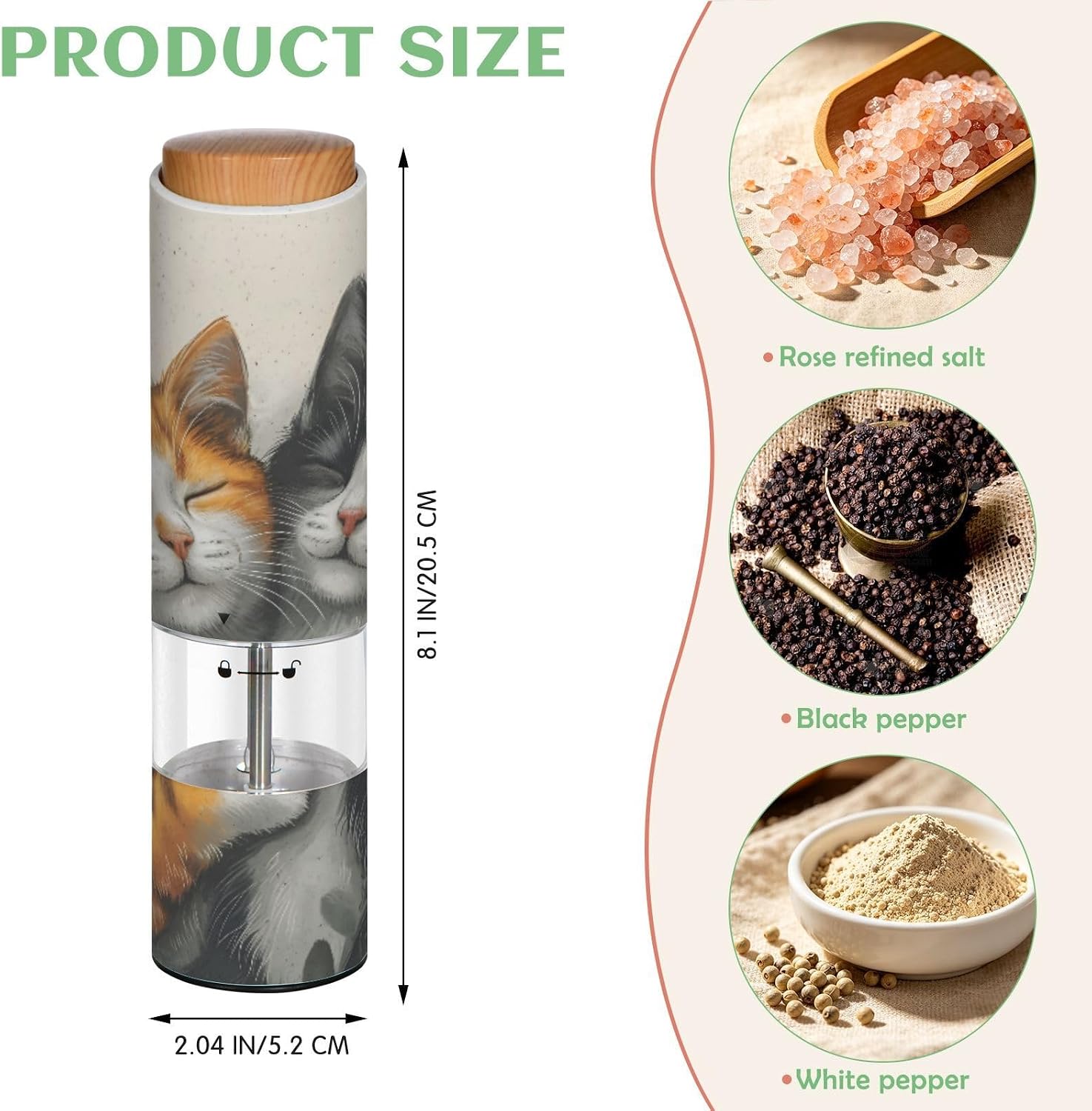 ALAZA Electric Pepper Grinder with Adjustable Coarseness, Cartoon Cat Valentine Cute Battery Automatic Salt and Pepper Mill with Led, One-Handed Operation Spice Grinder for Kitchen, Camping & BBQ