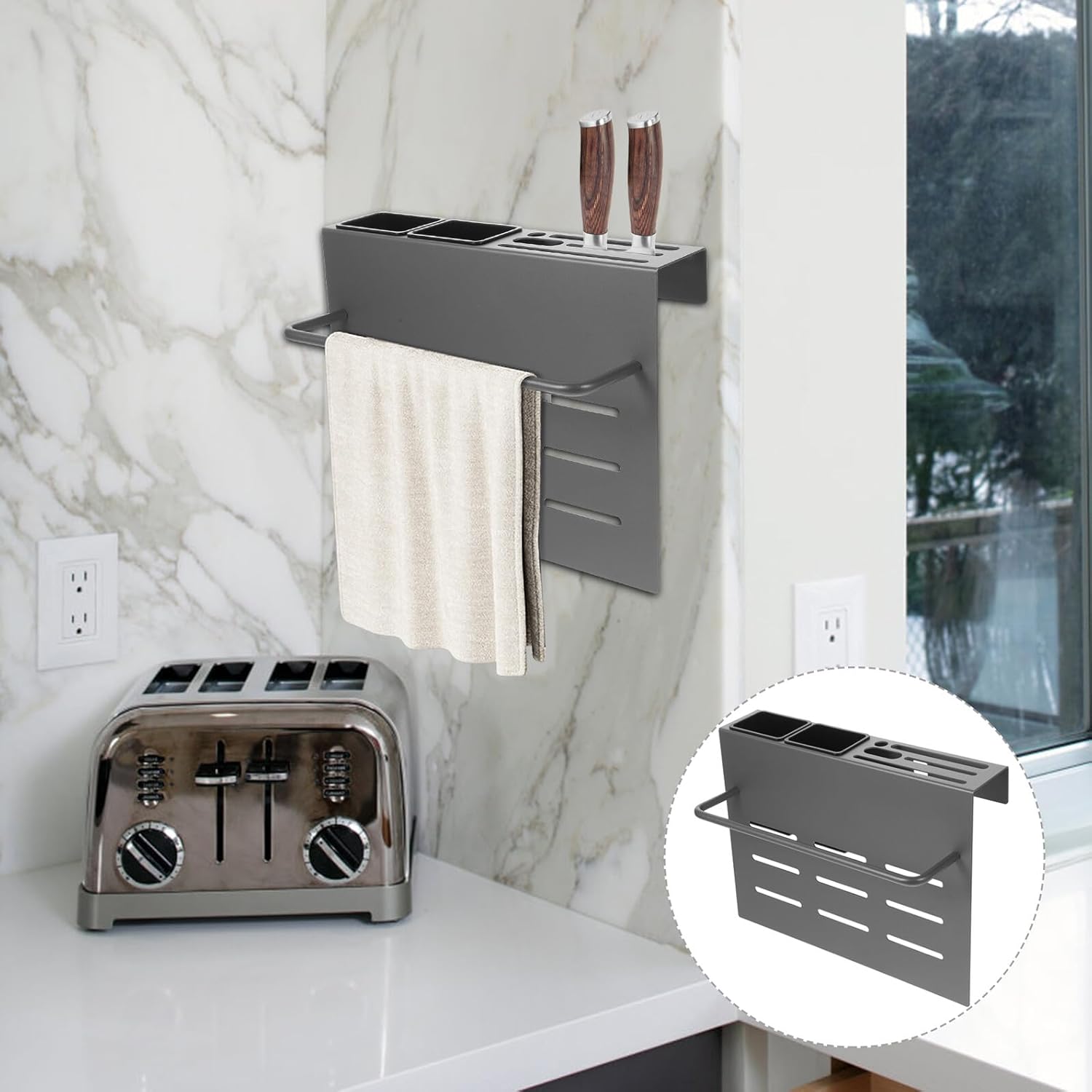 Lurrose Wall-mounted Kitchen Knife Holder with Chopstick and Cutting Board Organizer, Multi-function Utensil Storage Rack with Dual Cups and Rod, Gunmetal Gray for Household Kitchen